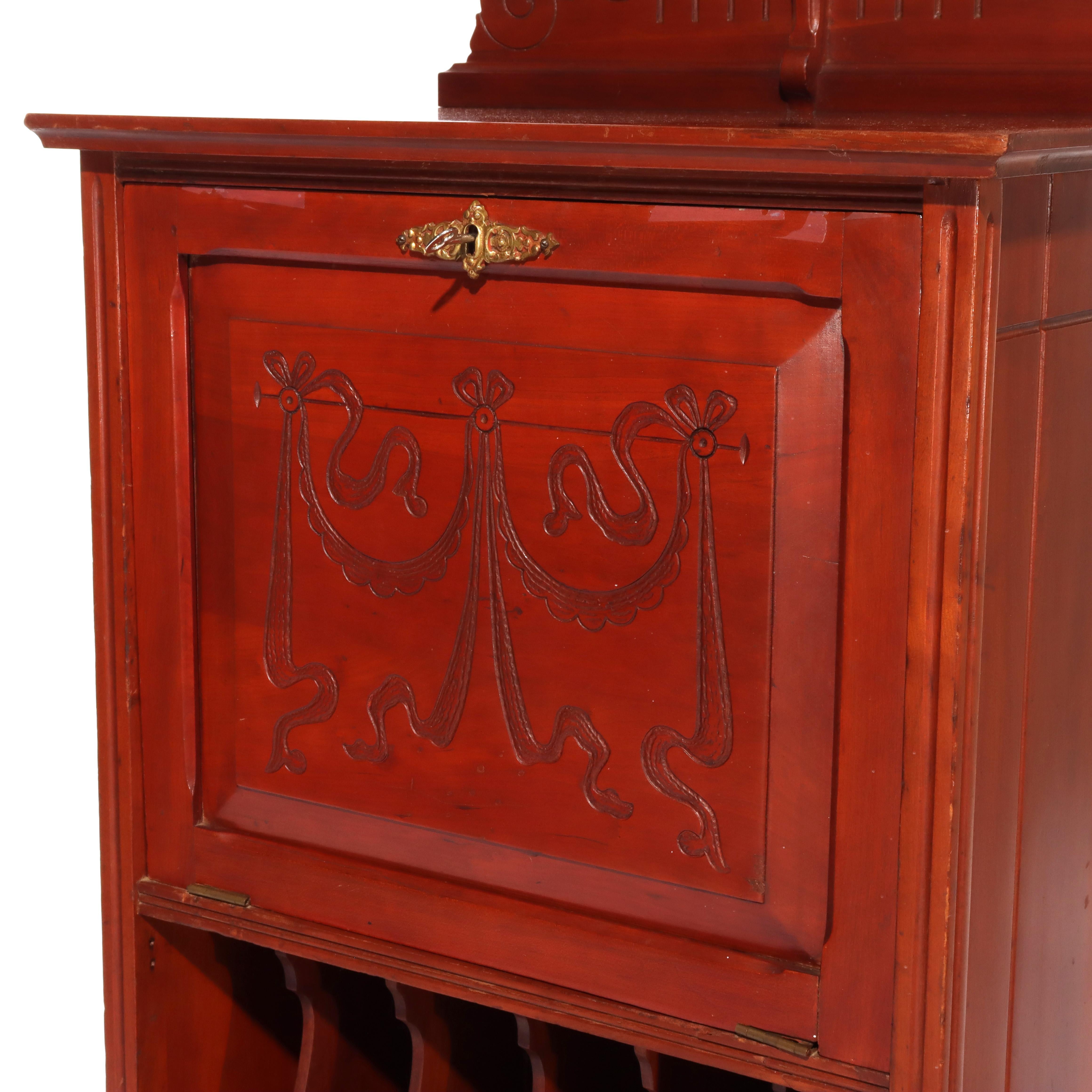 19th Century Eastlake Style Chip Carved Cherry & Ormolu Drop Front Music Cabinet Stand C1890 For Sale
