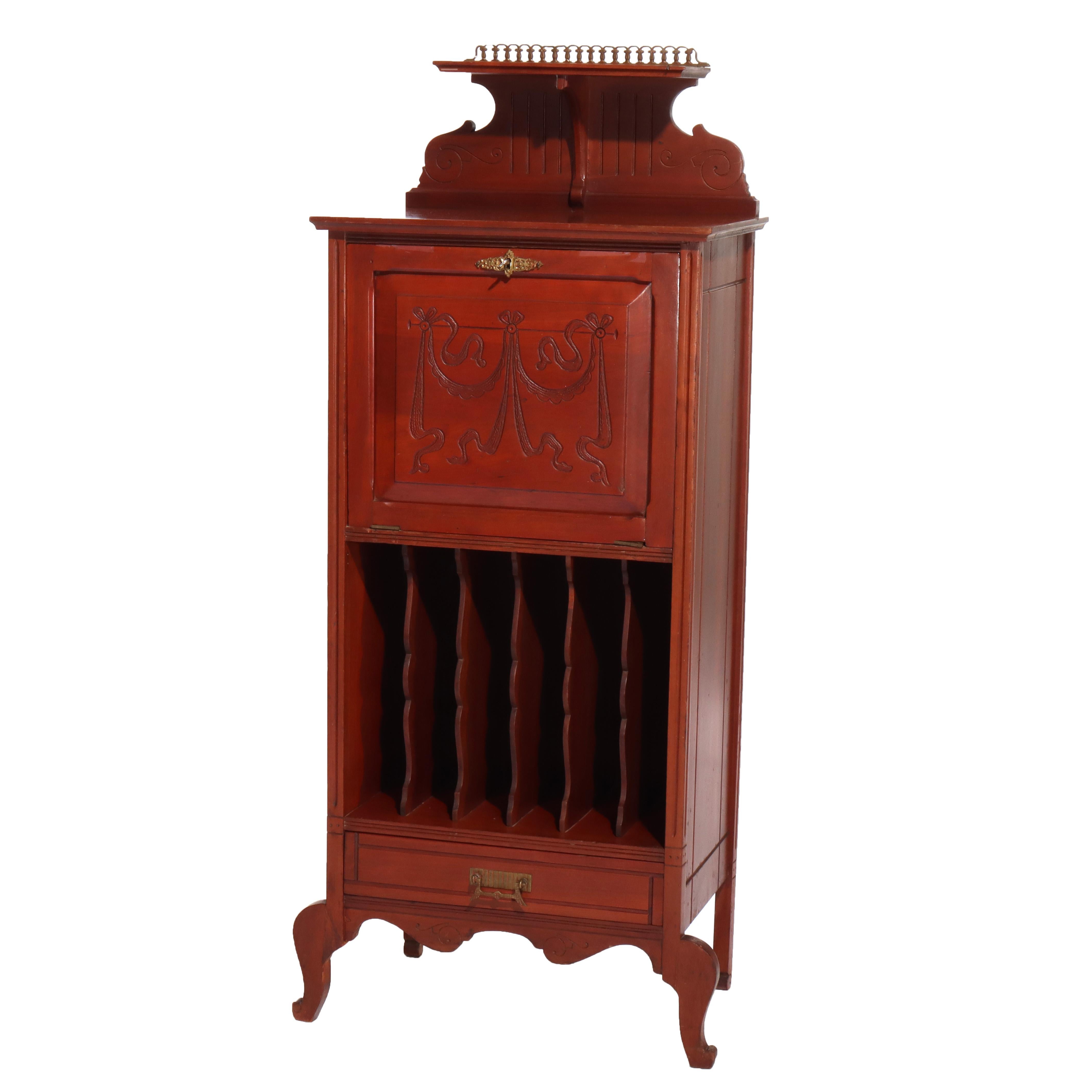 Eastlake Style Chip Carved Cherry & Ormolu Drop Front Music Cabinet Stand C1890 For Sale 1