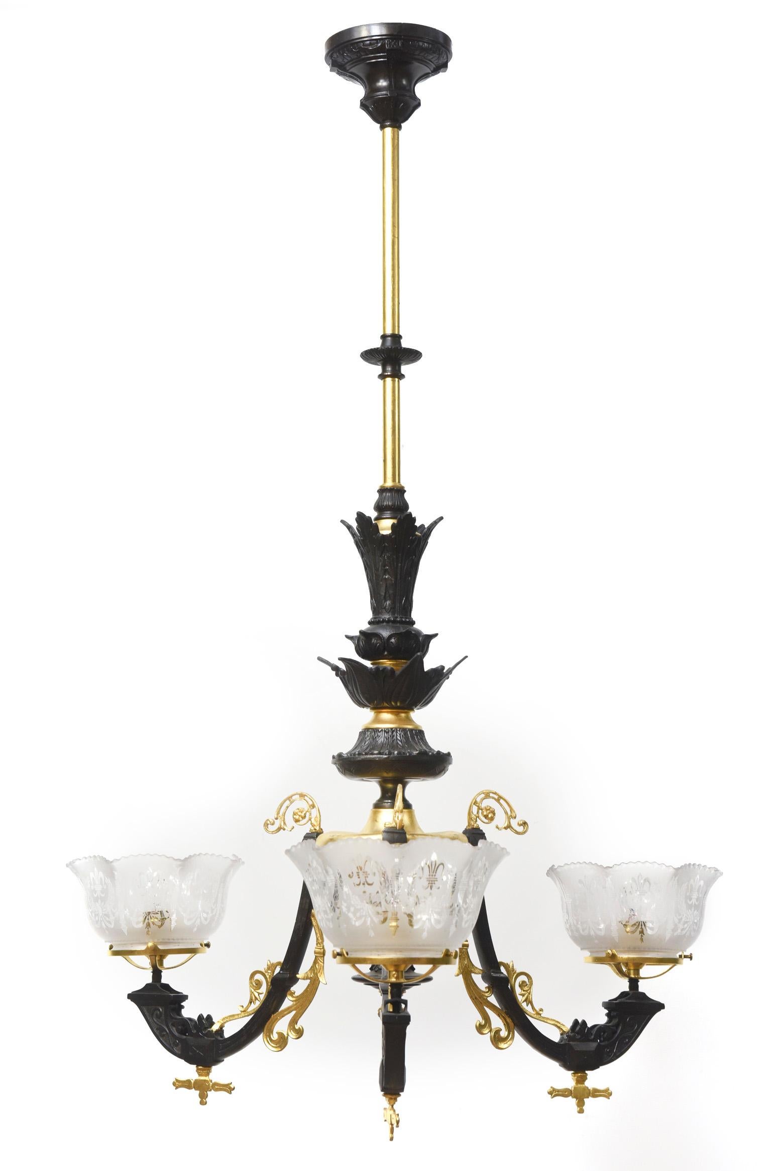 Eastlake Three Light Gas Fixture in Black and Gold For Sale 3