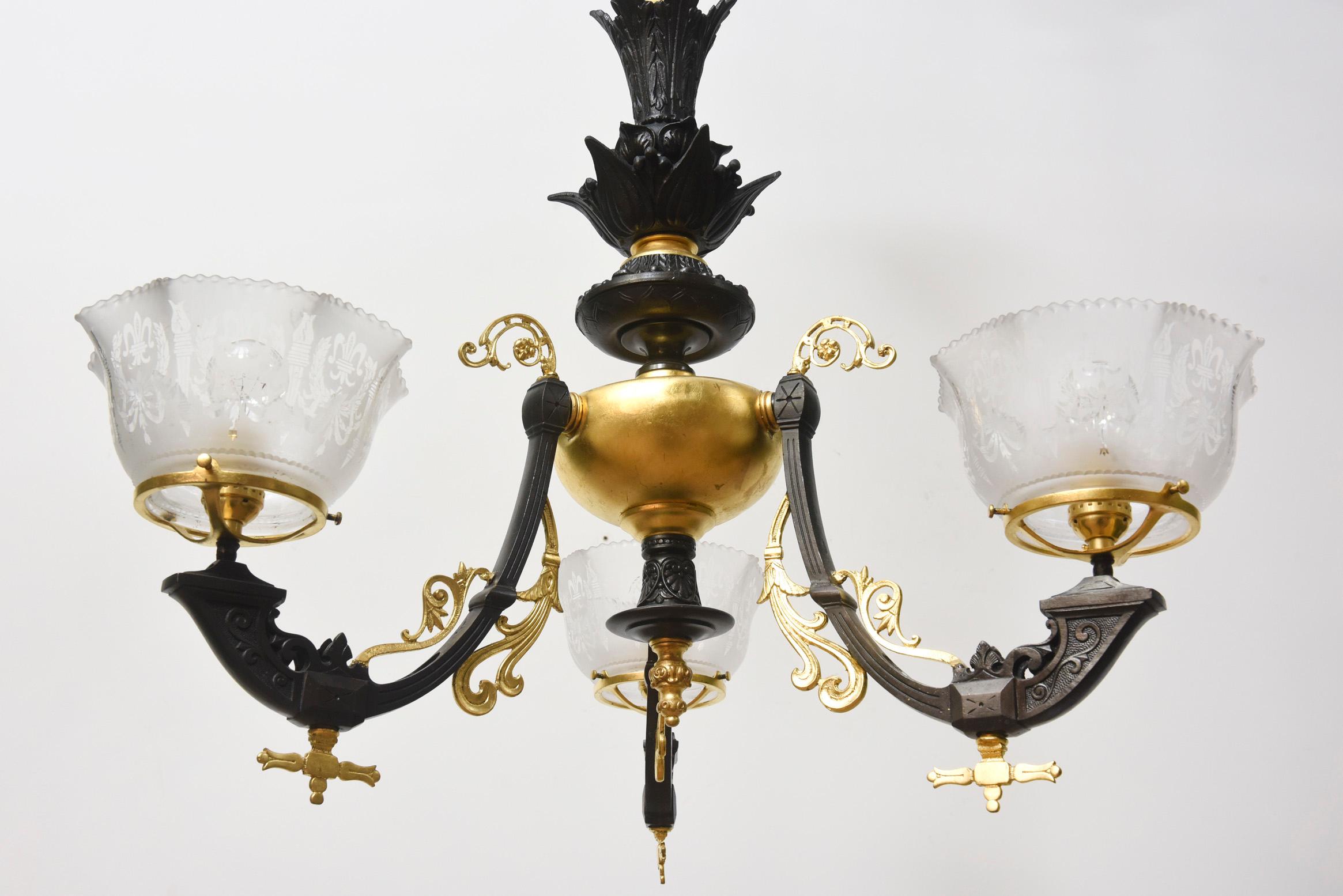 Eastlake Three Light Gas Fixture in Black and Gold In Excellent Condition For Sale In Canton, MA
