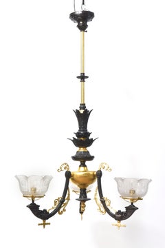 Vintage Eastlake Three Light Gas Fixture in Black and Gold