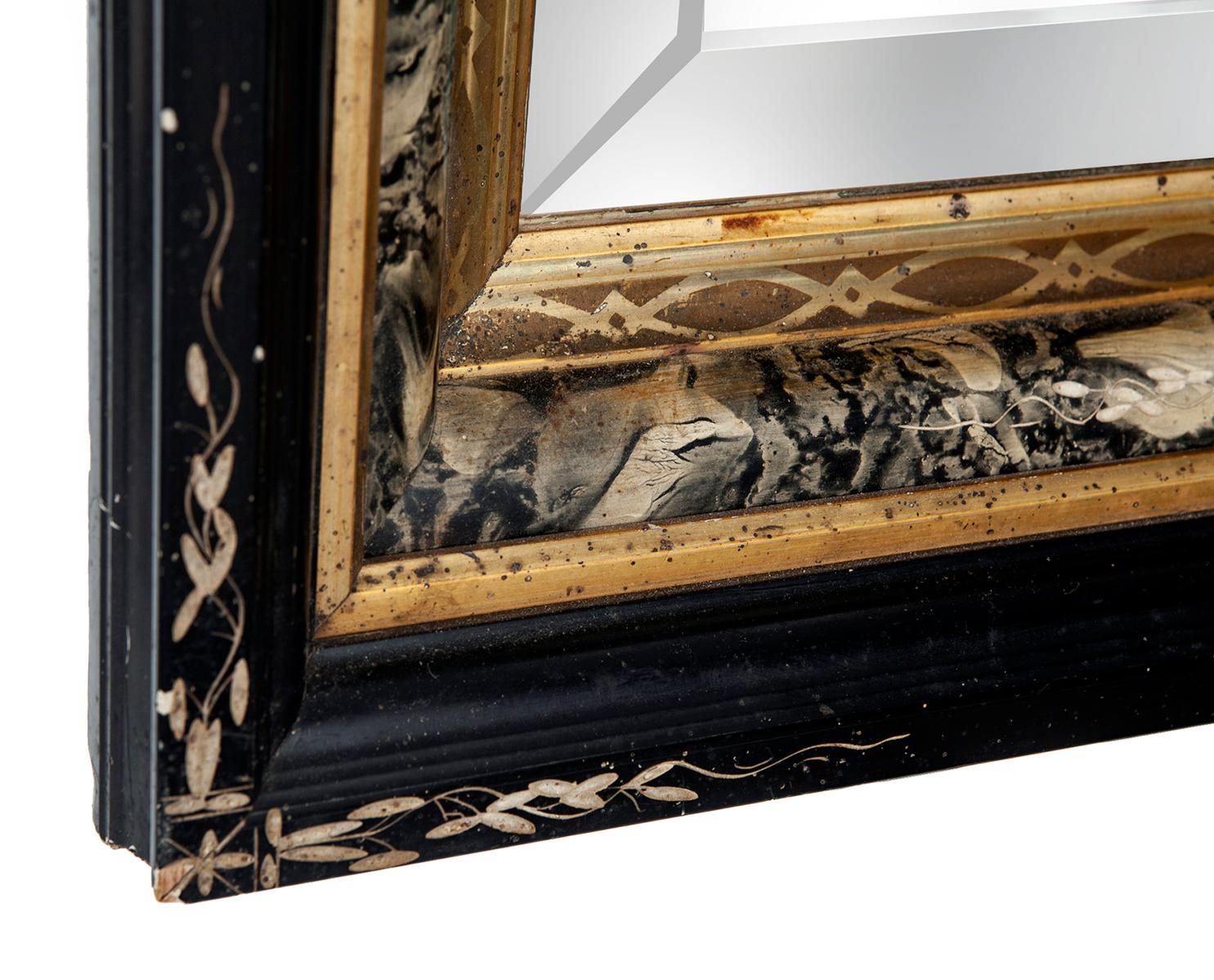 American Eastlake Victorian Black & Gold Wide Cut Beveled Mirror For Sale