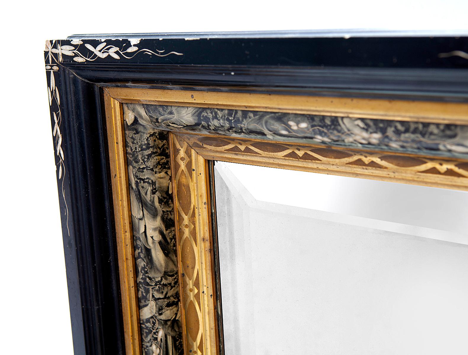 Hand-Crafted Eastlake Victorian Black & Gold Wide Cut Beveled Mirror For Sale