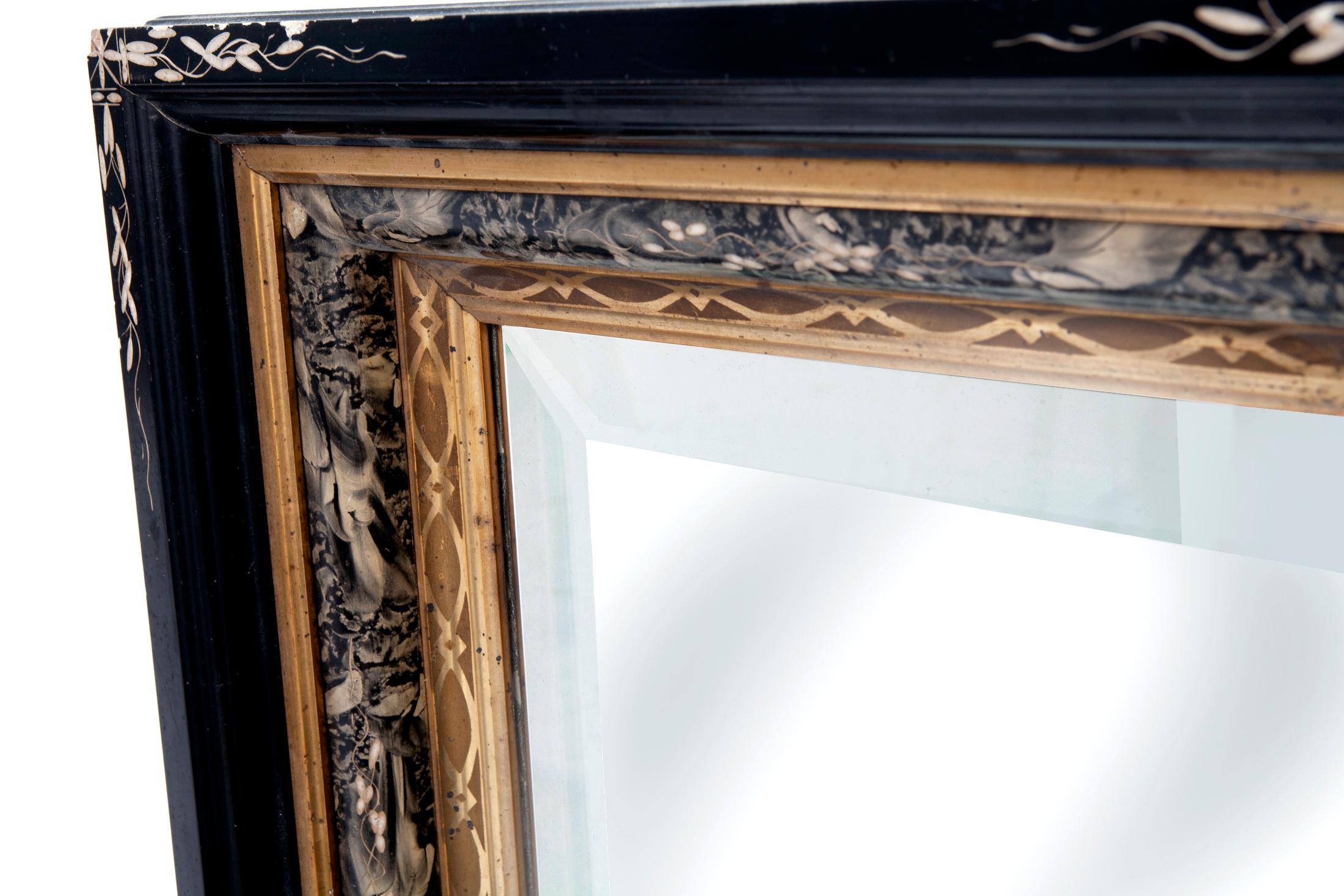 Eastlake Victorian Black & Gold Wide Cut Beveled Mirror In Distressed Condition For Sale In Malibu, CA