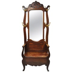 Eastlake Victorian Carved Oak Wood Beveled Glass Mirror Coat Hook Hall Tree