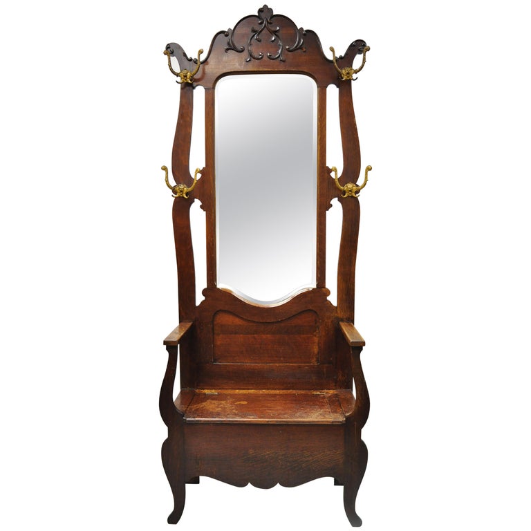 Eastlake Victorian Carved Oak Wood Beveled Glass Mirror Coat Hook Hall Tree at 1stDibs