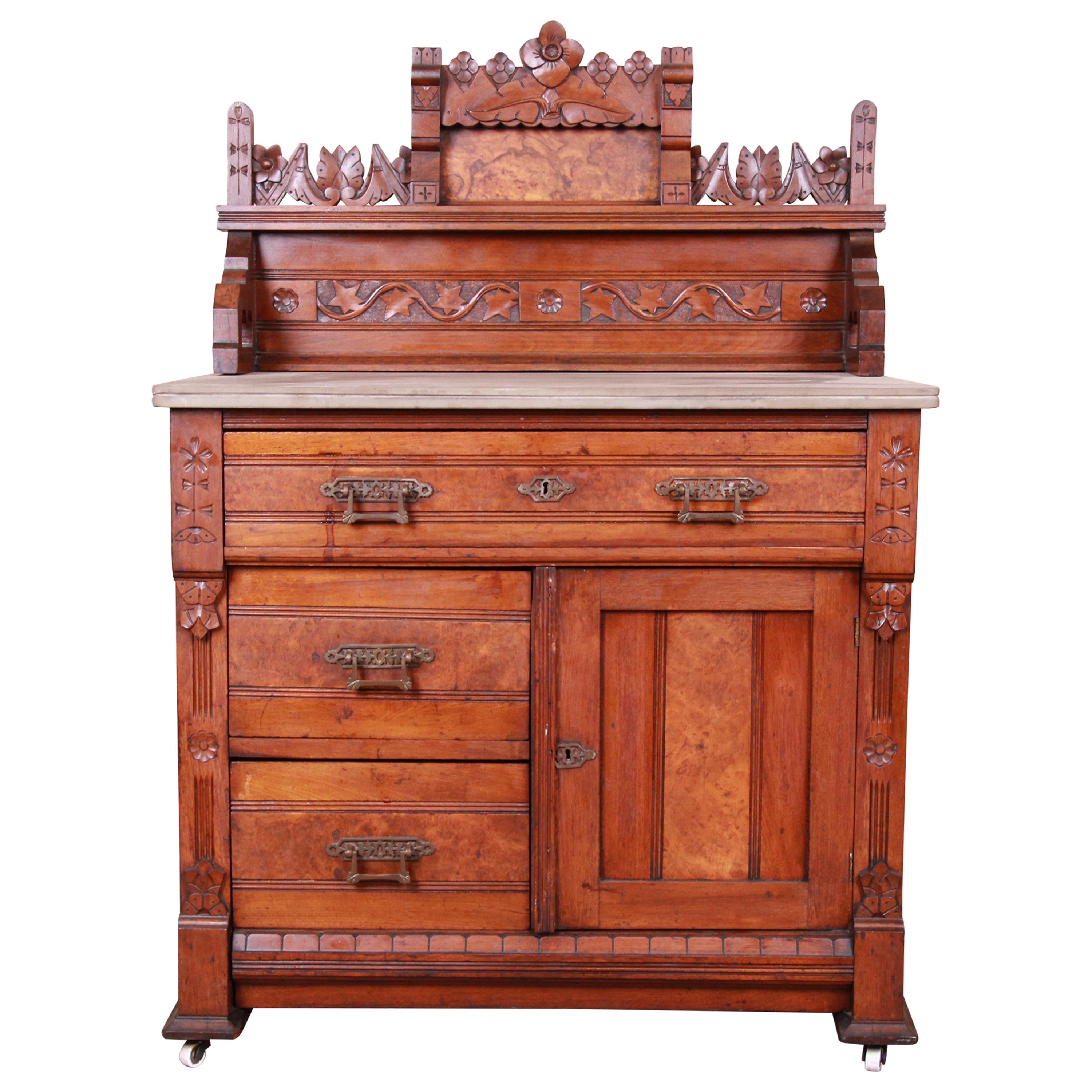 Eastlake Victorian Carved Walnut and Burl Wood Washstand, circa 1870