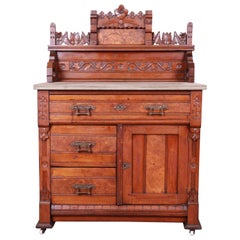 Antique Eastlake Victorian Carved Walnut and Burl Wood Washstand, circa 1870