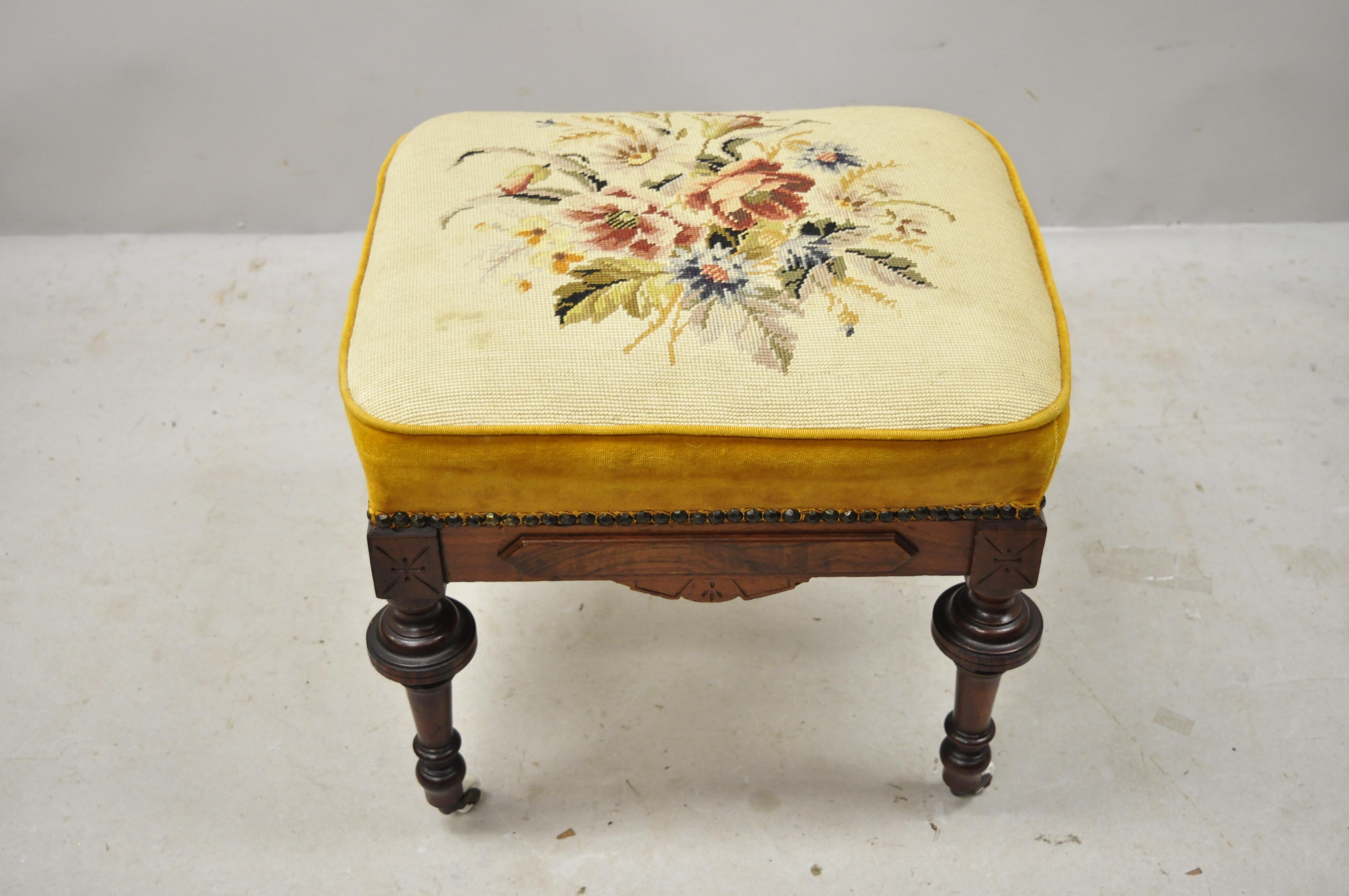 Eastlake Victorian Carved Walnut Ottoman Footstool Bench with Needlepoint Seat  3