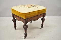 Eastlake Victorian Carved Walnut Ottoman Footstool Bench with Needlepoint Seat