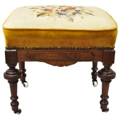 Antique Eastlake Victorian Carved Walnut Ottoman Footstool Bench with Needlepoint Seat 