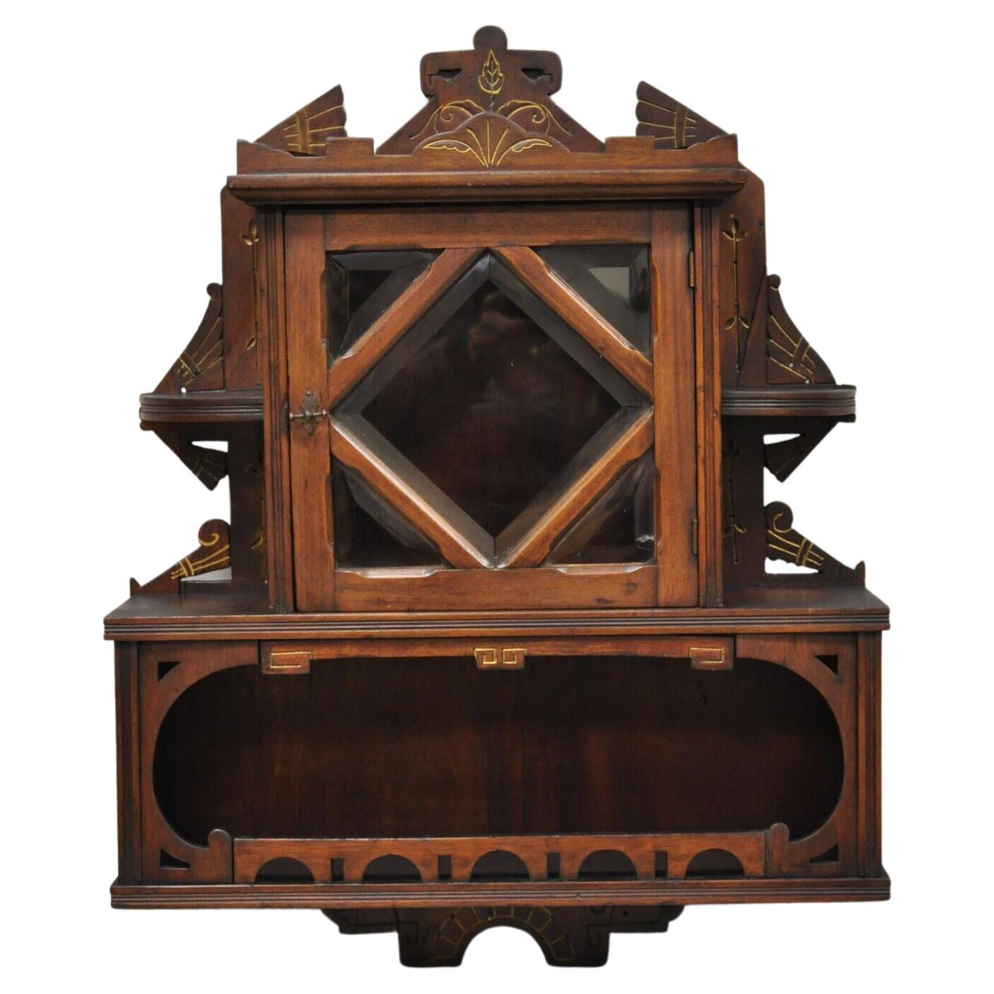 Eastlake Victorian Carved Walnut Wall Display Curio Cabinet Beveled Glass Door For Sale