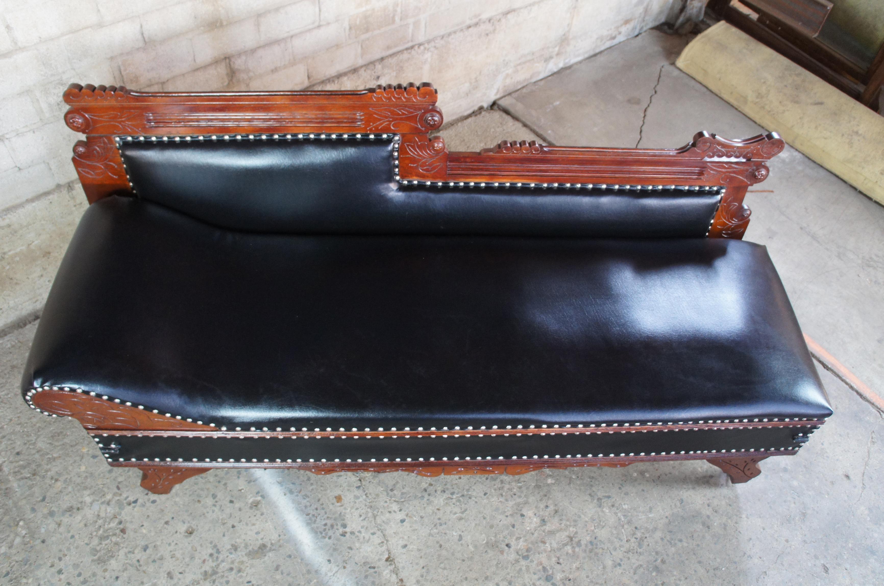 Eastlake Victorian Oak Leather Chaise Lounge Fainting Couch Murphy Bed Parlor 5