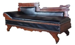 Eastlake Victorian Oak Leather Chaise Lounge Fainting Couch Murphy Bed Parlor