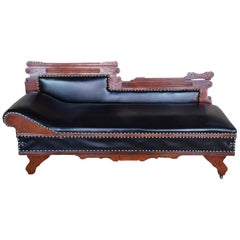 Antique Eastlake Victorian Oak Leather Chaise Lounge Fainting Couch Murphy Bed Parlor