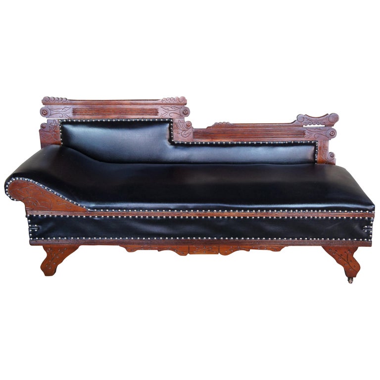 Eastlake Victorian Oak Leather Chaise