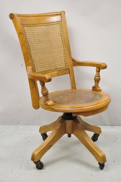 Eastlake Victorian Oak Wood Cane Back Swivel Leather Seat Office Desk Chair 'A'