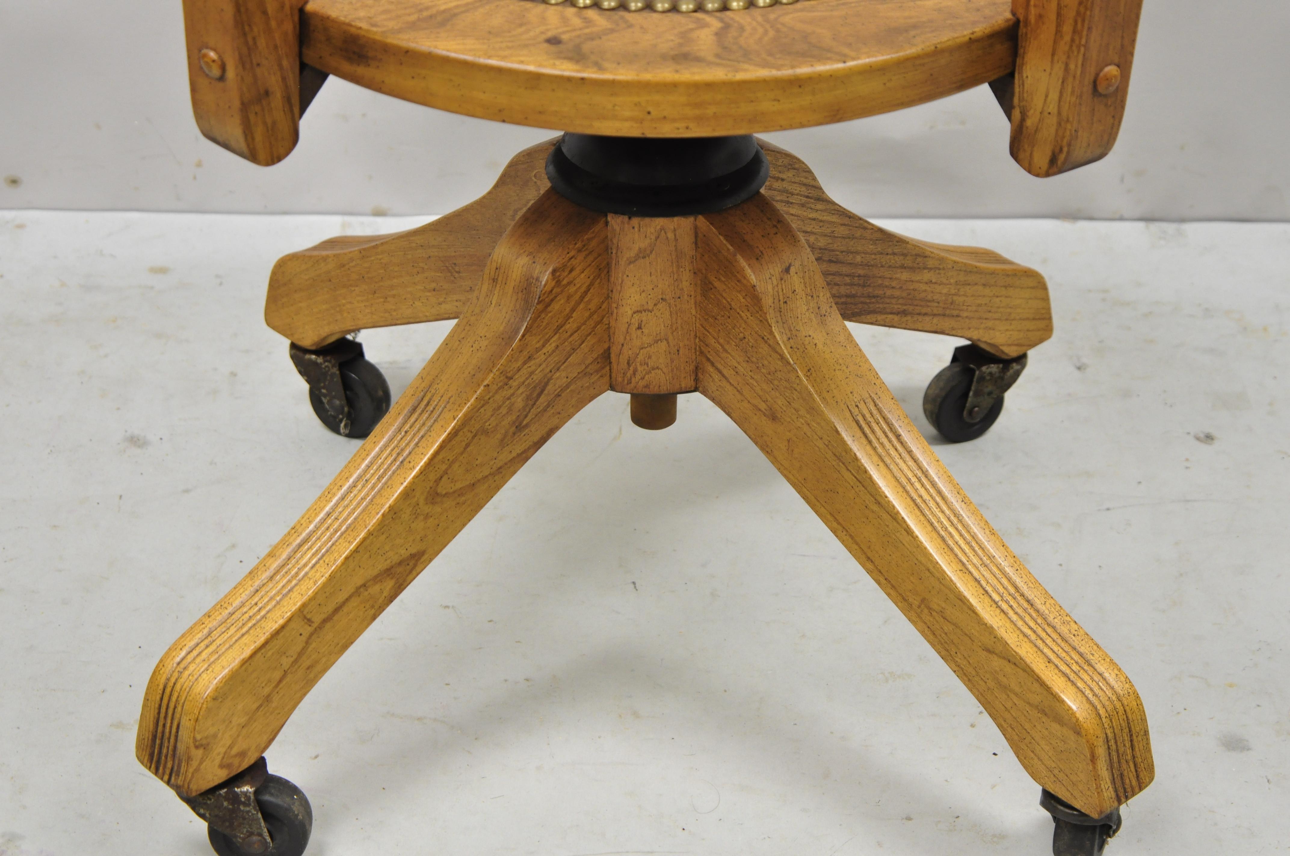 Eastlake Victorian Oak Wood Cane Back Swivel Leather Seat Office Desk Chair 'A' In Good Condition In Philadelphia, PA