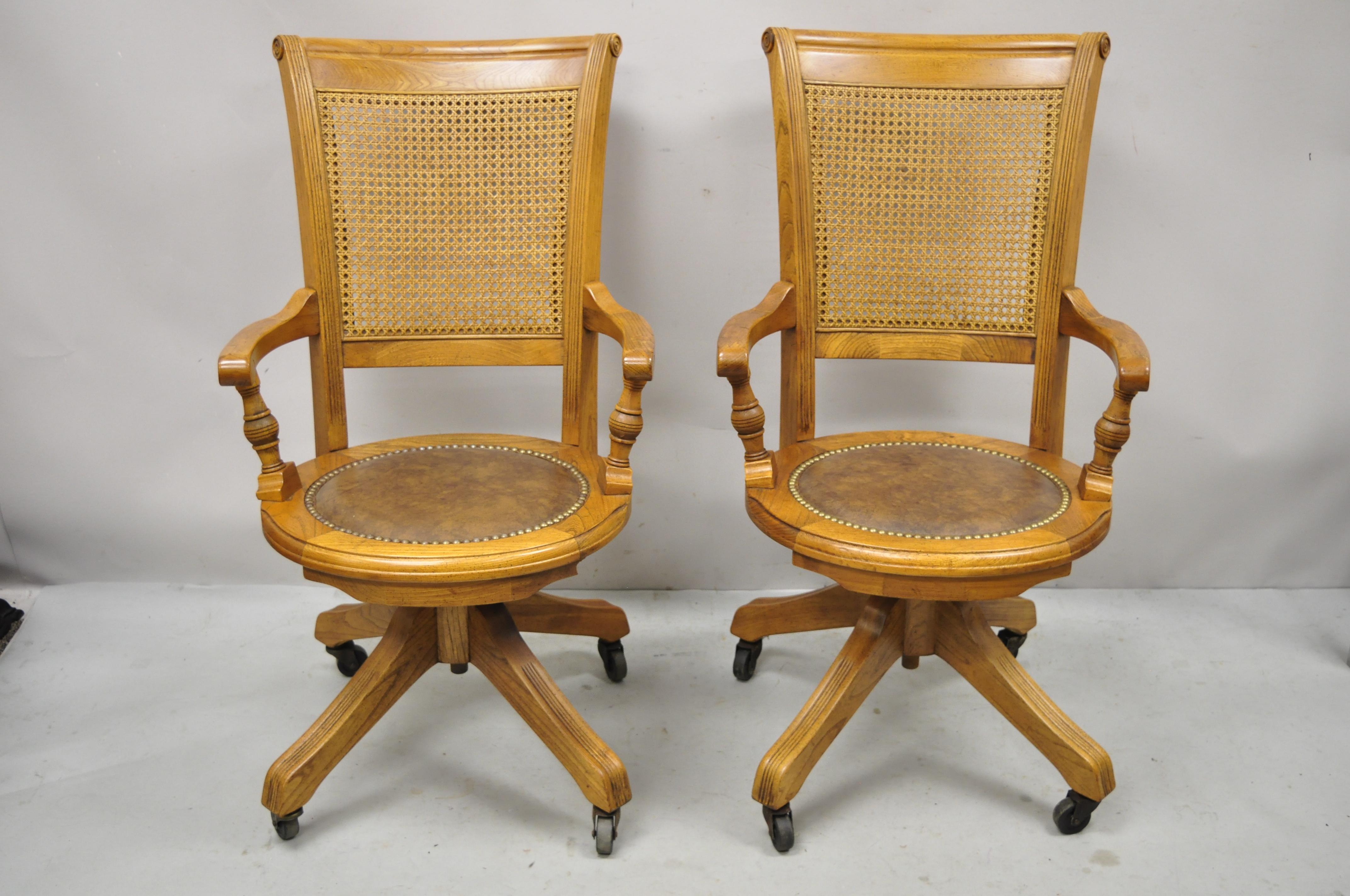 Eastlake Victorian Oak Wood Cane Back Swivel Leather Seat Office Desk Chair 'A' 1