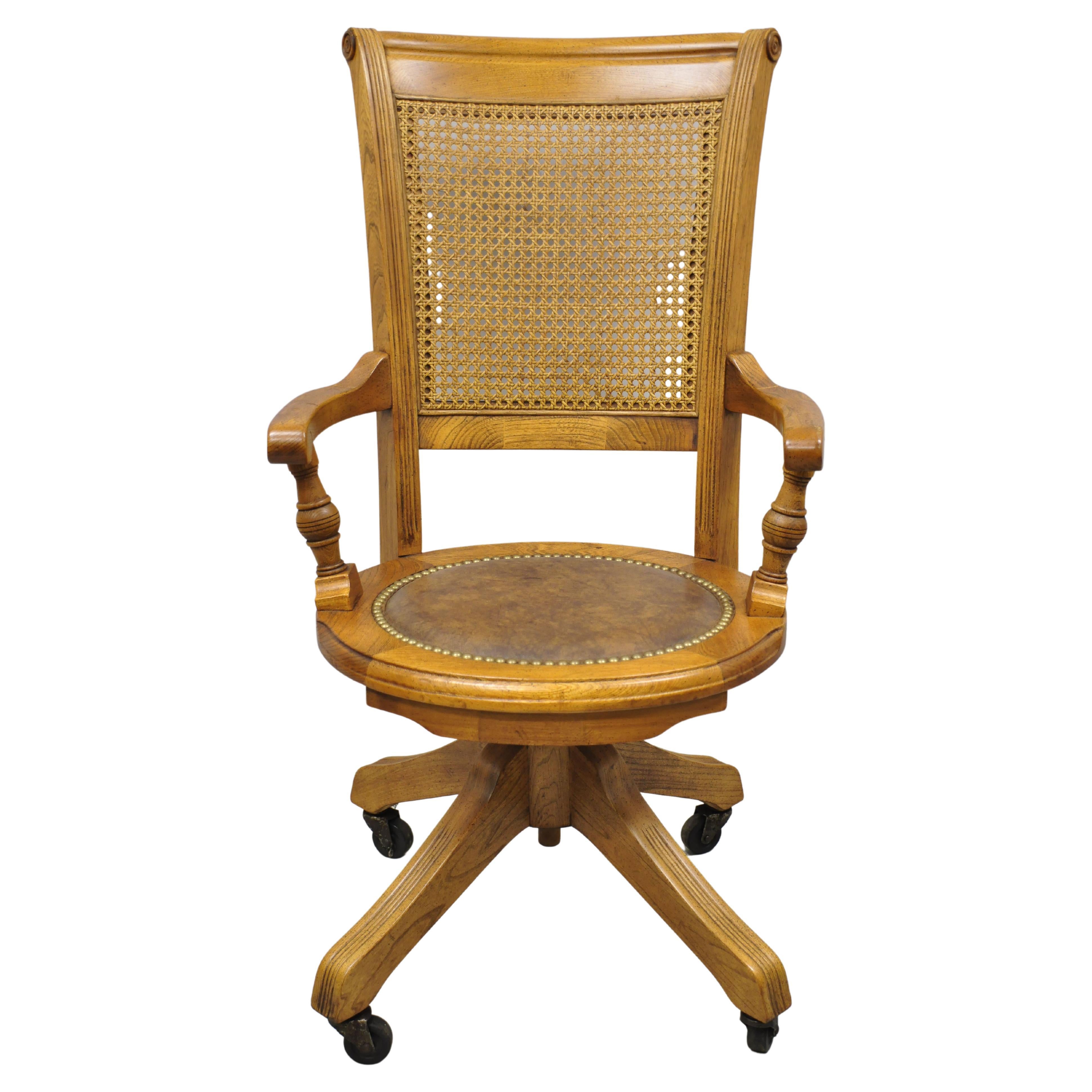 Eastlake Victorian Oak Wood Cane Back Swivel Leather Seat Office Desk Chair 'A'