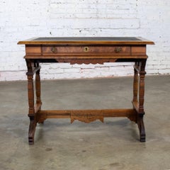 Eastlake Victorian Style Ladies Writing Desk Walnut Burl and Faux Leather Top