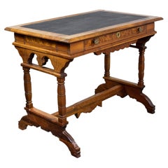 Eastlake Victorian Style Ladies Writing Desk Walnut Burl and Faux Leather Top