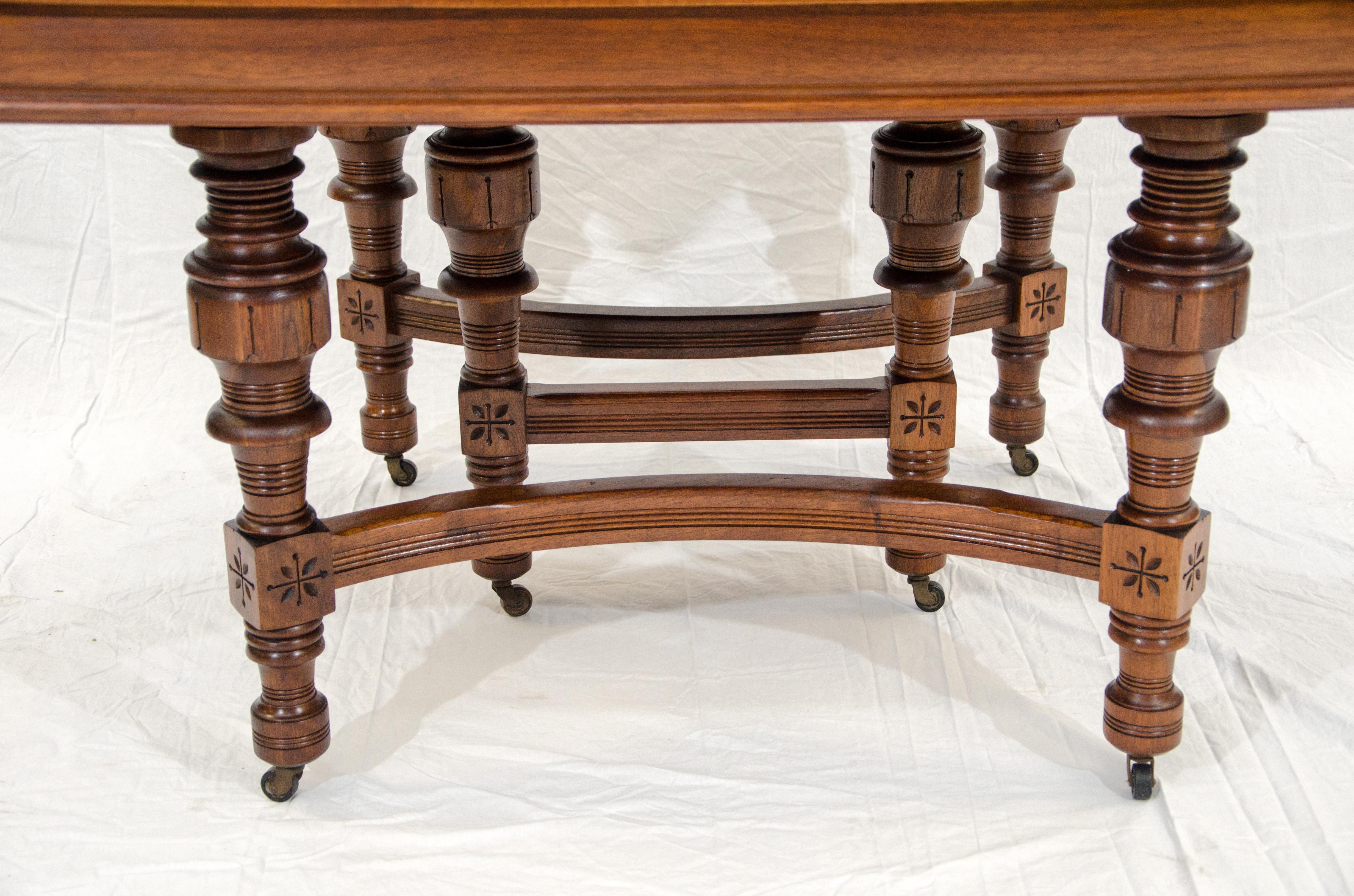 Eastlake Victorian Walnut Dining Table with Two Leaves For Sale 1
