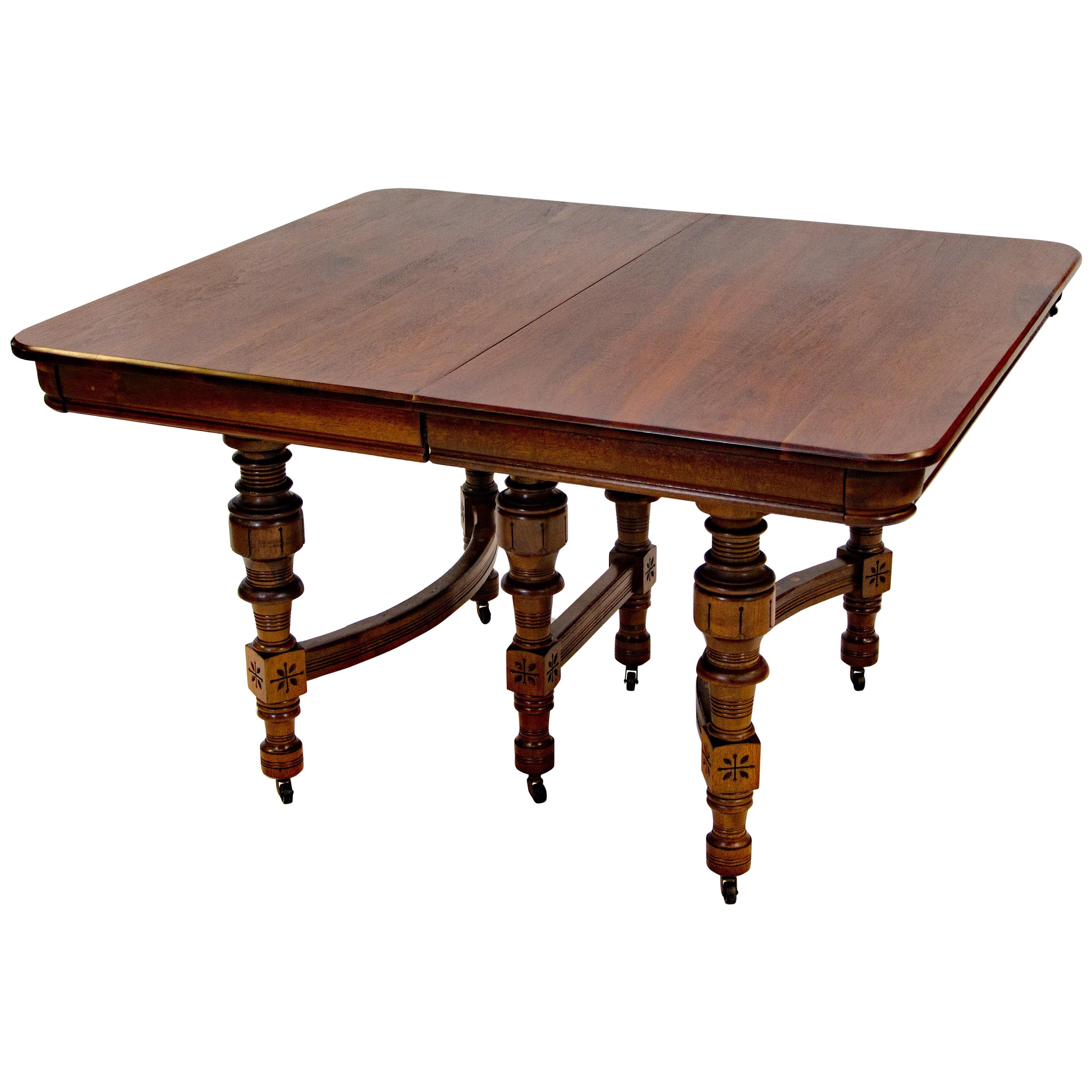 Eastlake Victorian Walnut Dining Table with Two Leaves