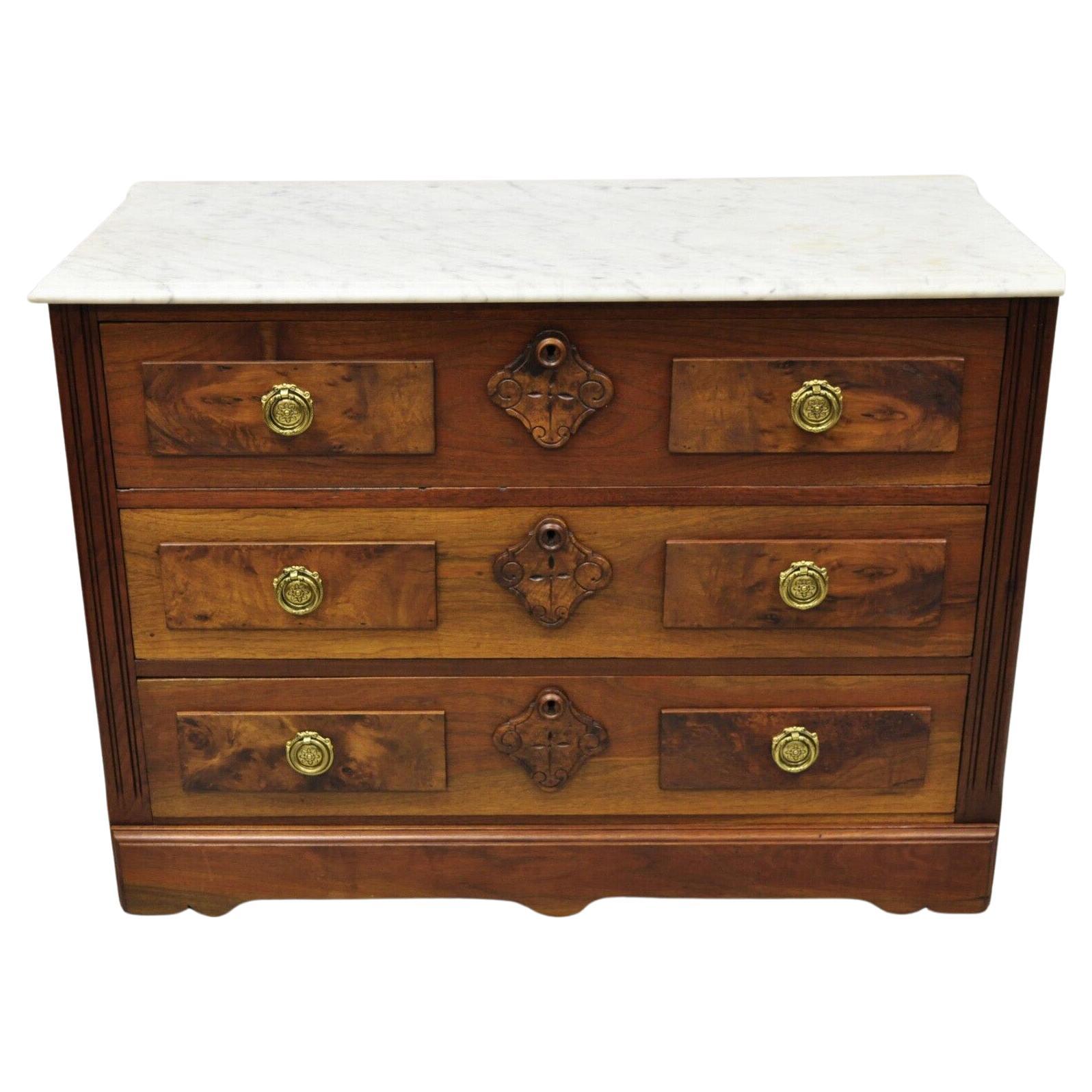 Eastlake Victorian White Marble Top Burl Walnut 3 Drawer Commode Dresser Chest