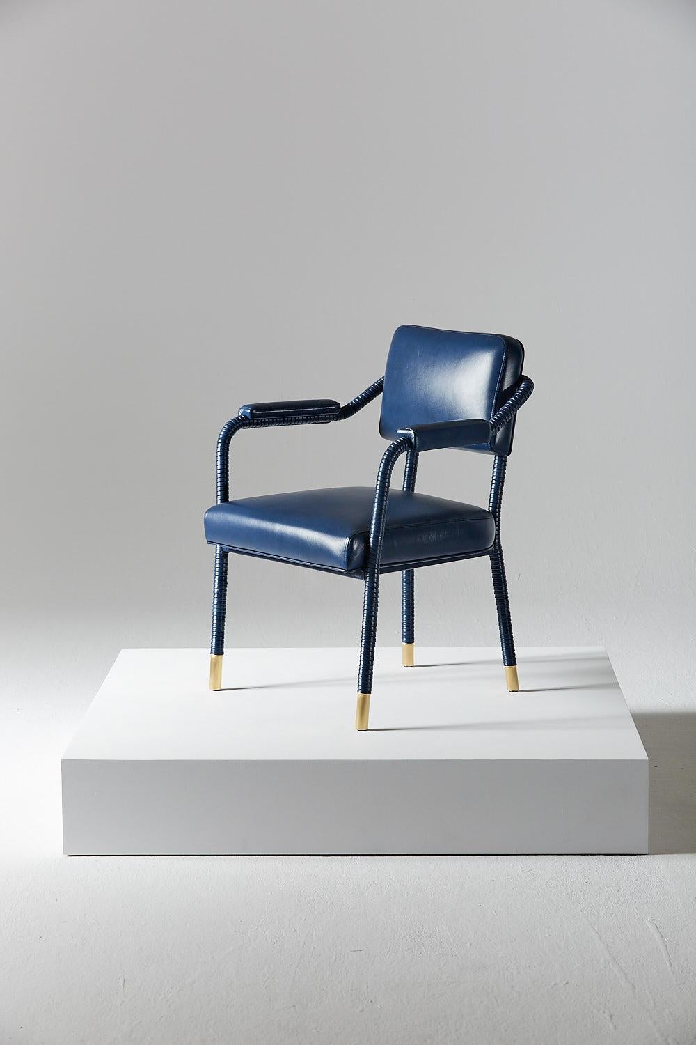 British And Objects Easton Side Chair, Fully Wrapped Upholstered Leather in Navy