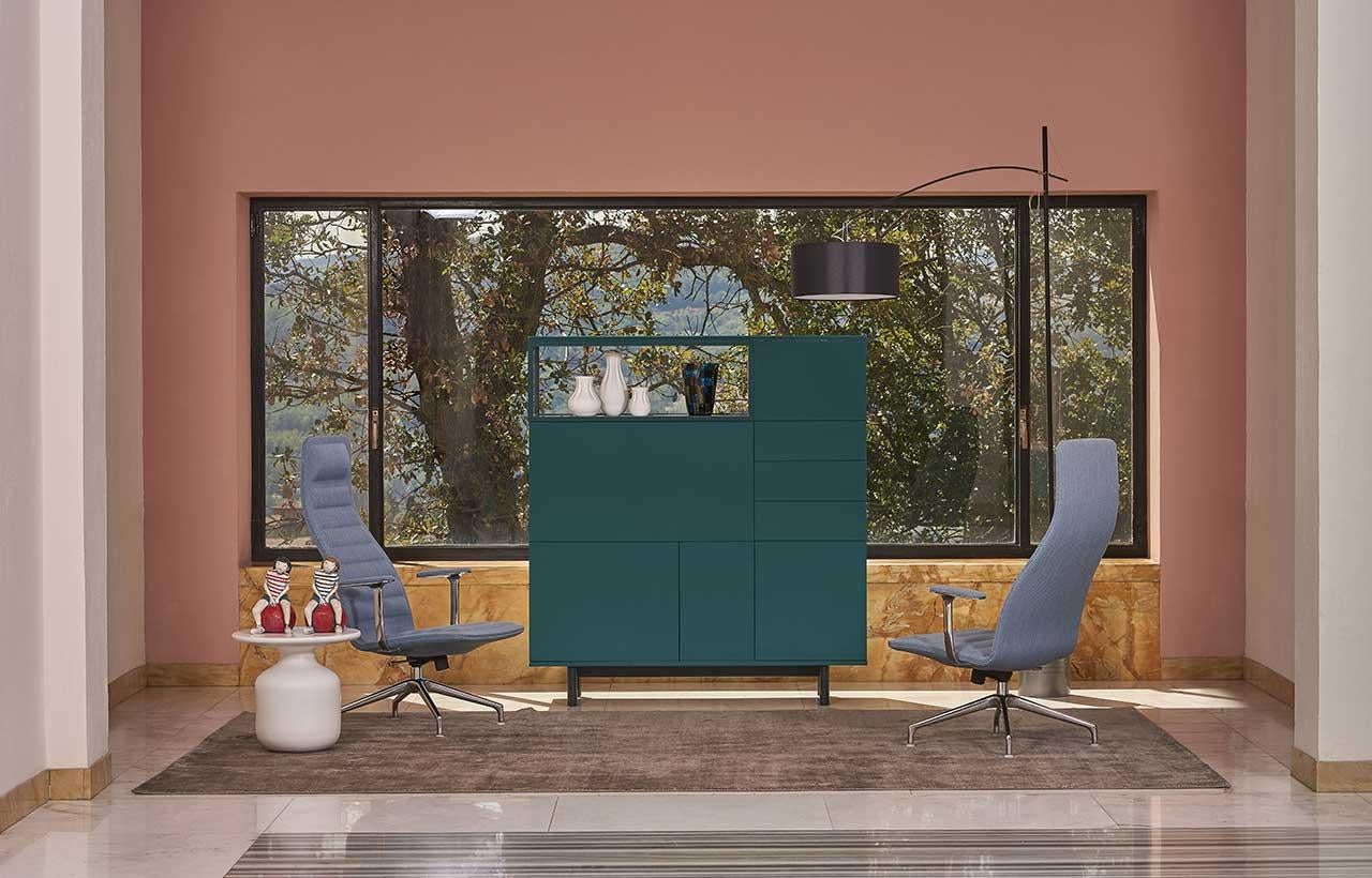 Series of cabinets and/or bar cabinets for the living room, with doors, drawers or open compartments characterized by an extreme visual lightness. Different closing tops are available: lacquers, veneers, marble or lacquered crystal.

Price listed