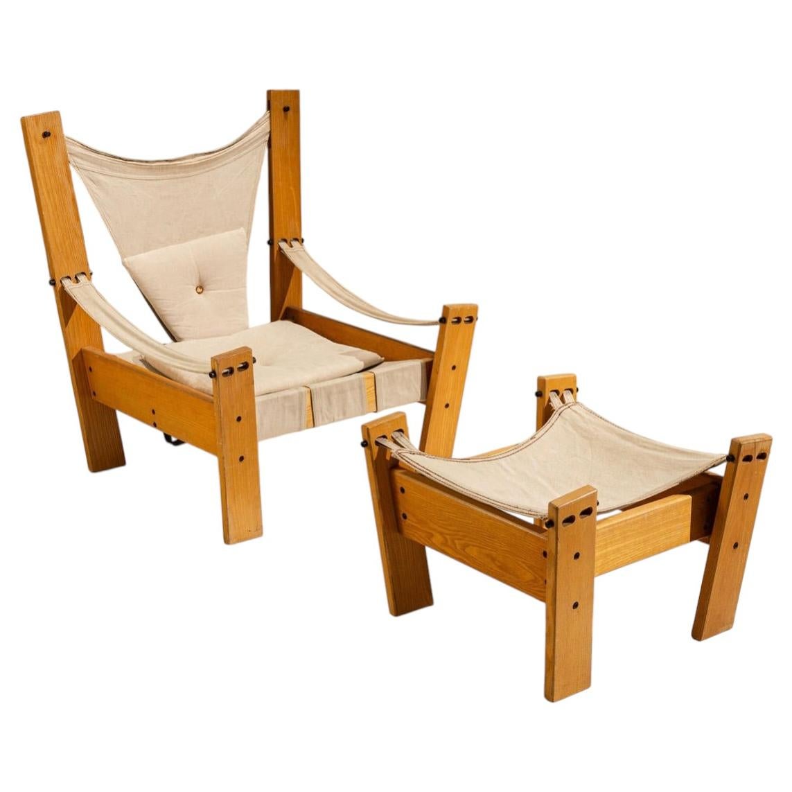 Easy Chair by John de Haard in Pinewood and Canvas with Hocker, the Netherlands For Sale