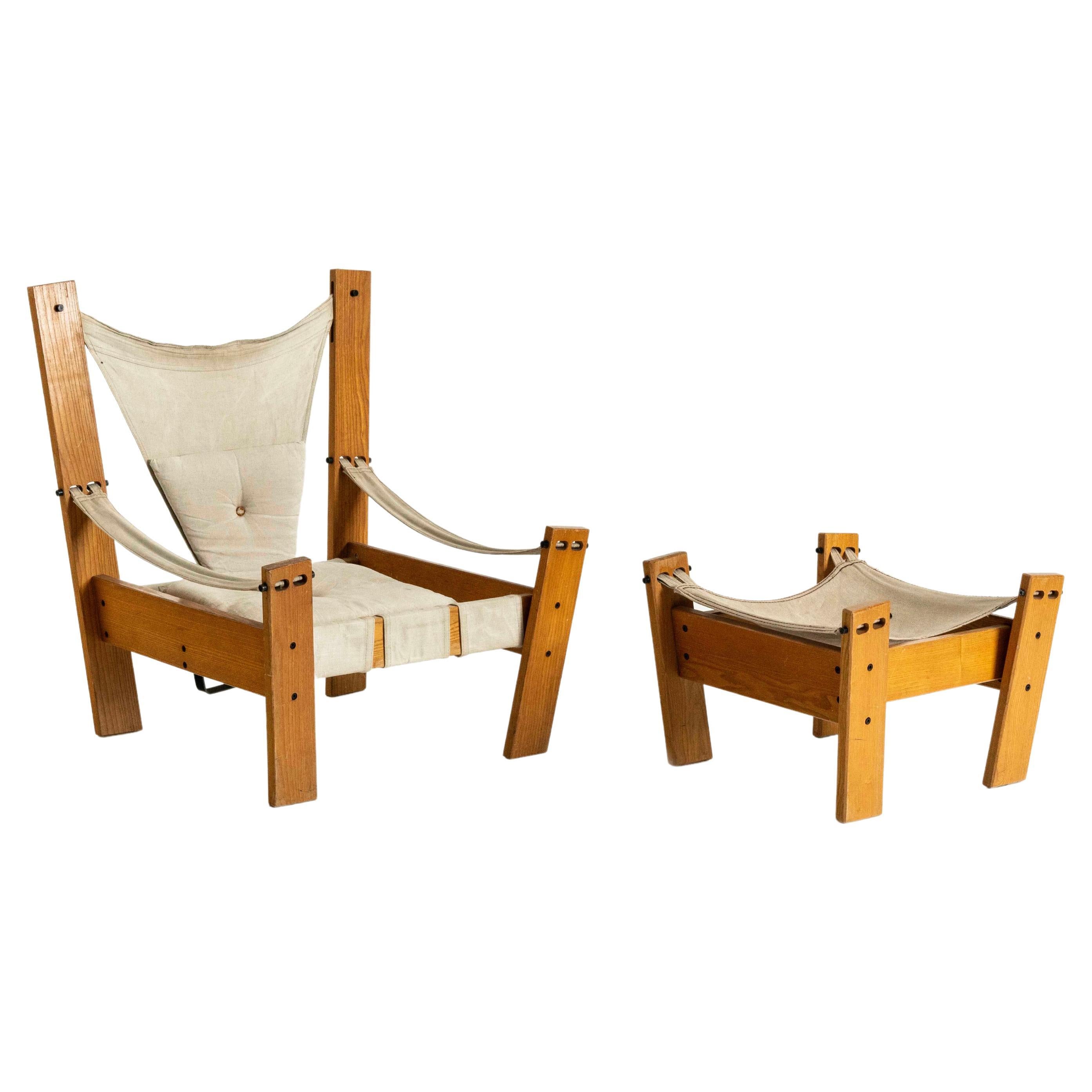 Easy Chair by John De Haard in Pinewood with Hocker, the Netherlands 1960s For Sale