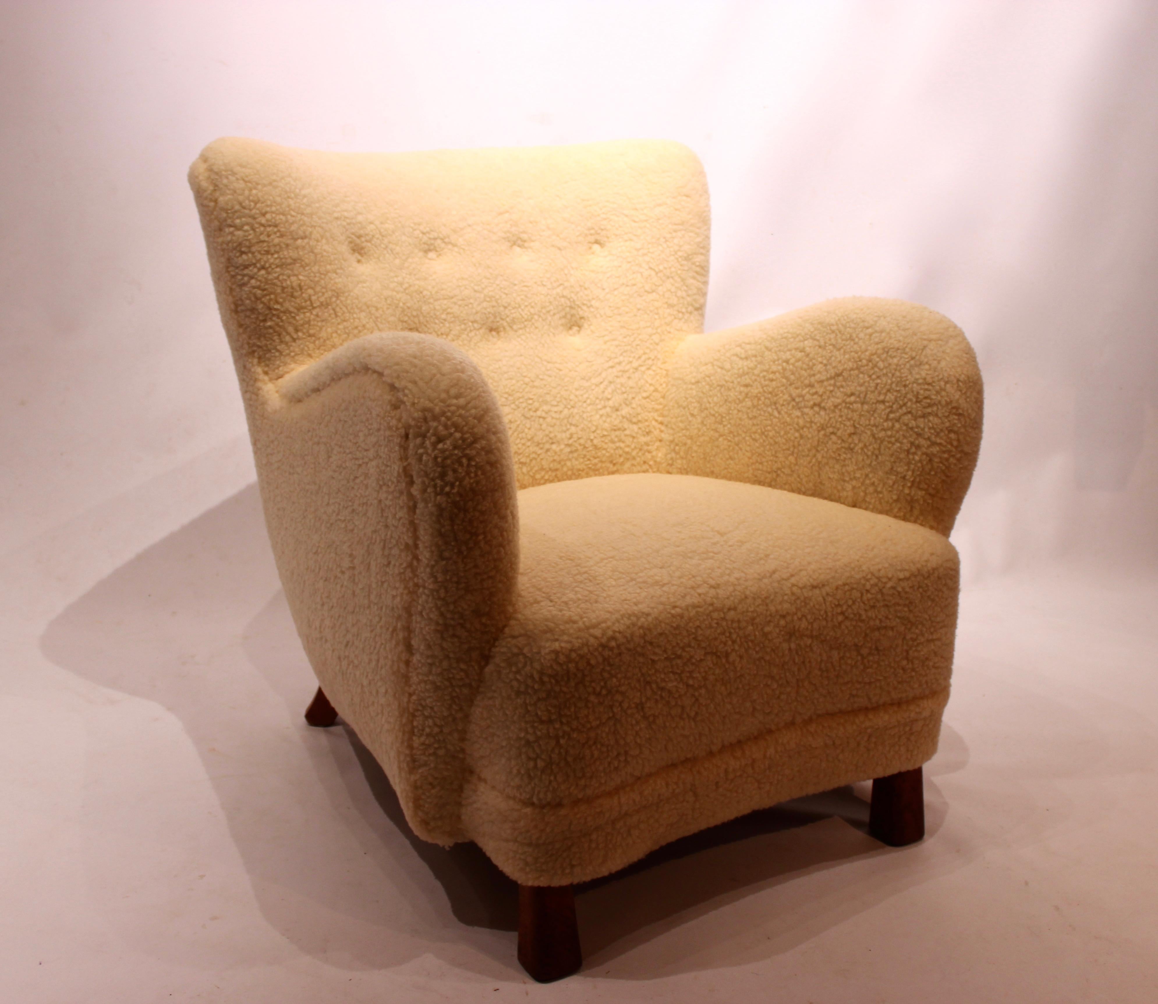 Danish Easy Chair from circa 1930s, Newly Upholstered with Sheep Wool