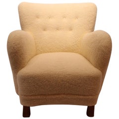 Easy Chair from circa 1930s, Newly Upholstered with Sheep Wool