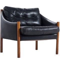 Easy Chair in Black Leather and Solid Teak