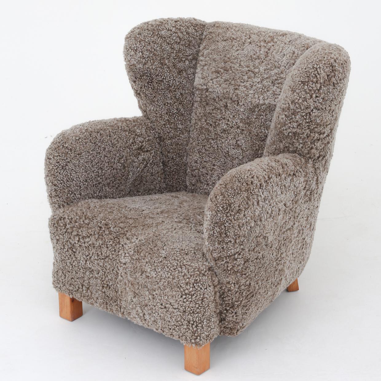 Patinated Easy Chair in New Lamb's Wool