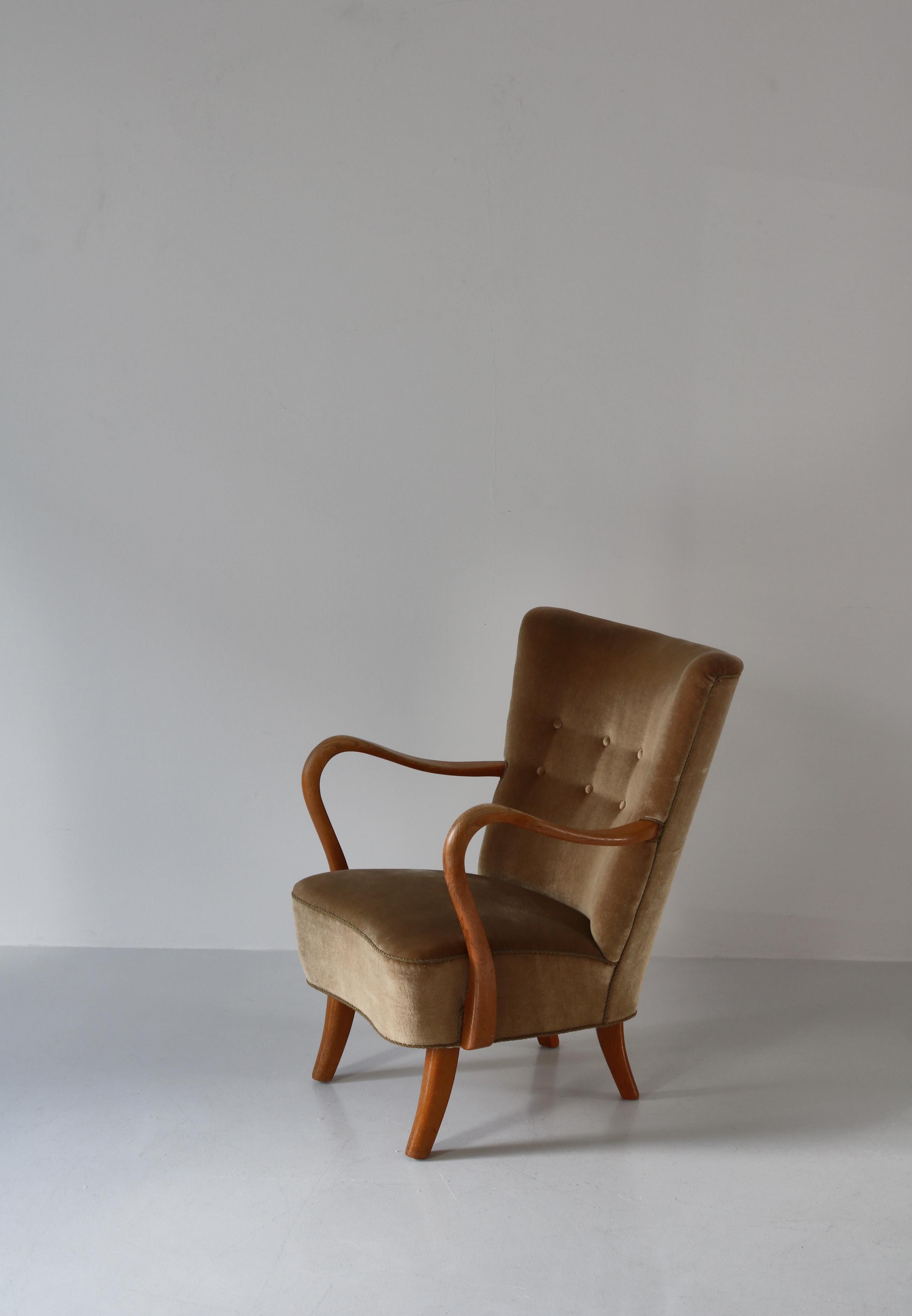 Easy Chair in Oak & Velour by Alfred Christensen for Slagelse Møbelværk, 1950s For Sale 5
