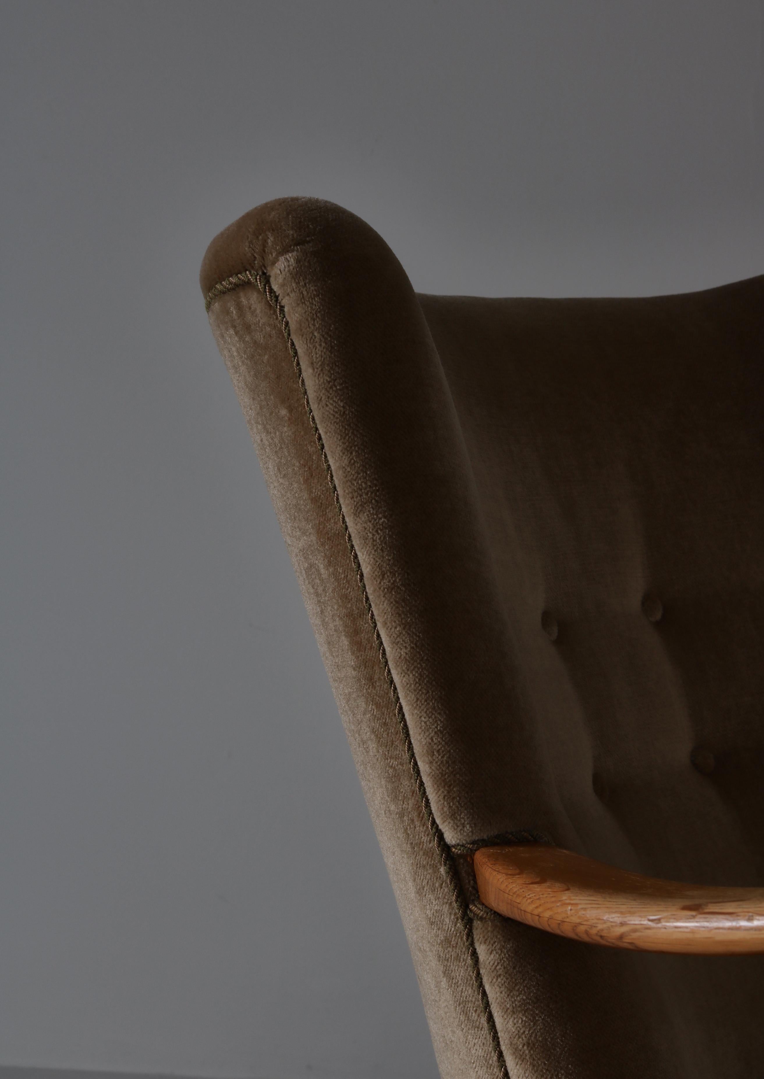 Velvet Easy Chair in Oak & Velour by Alfred Christensen for Slagelse Møbelværk, 1950s