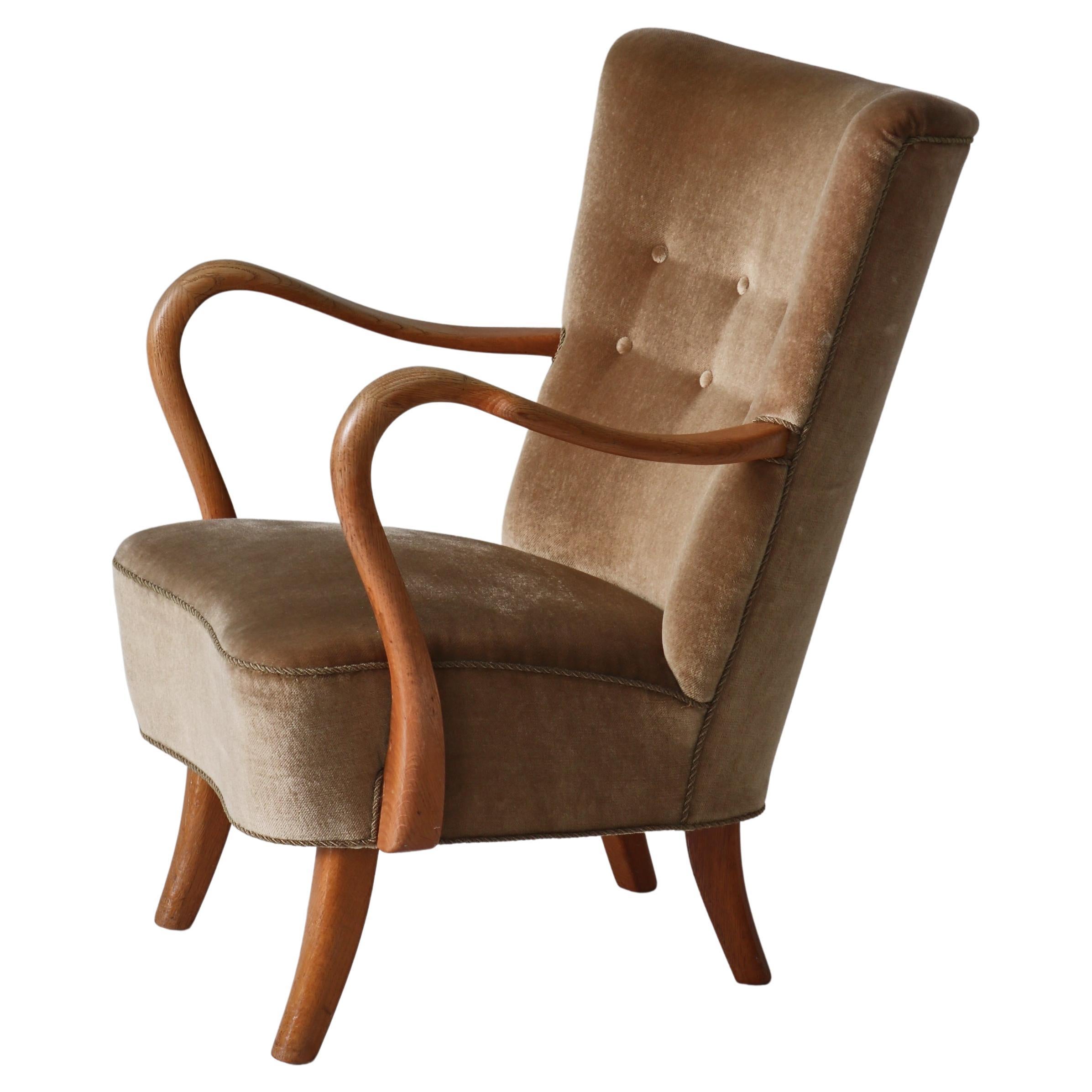 Easy Chair in Oak & Velour by Alfred Christensen for Slagelse Møbelværk, 1950s