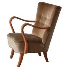 Easy Chair in Oak & Velour by Alfred Christensen for Slagelse Møbelværk, 1950s