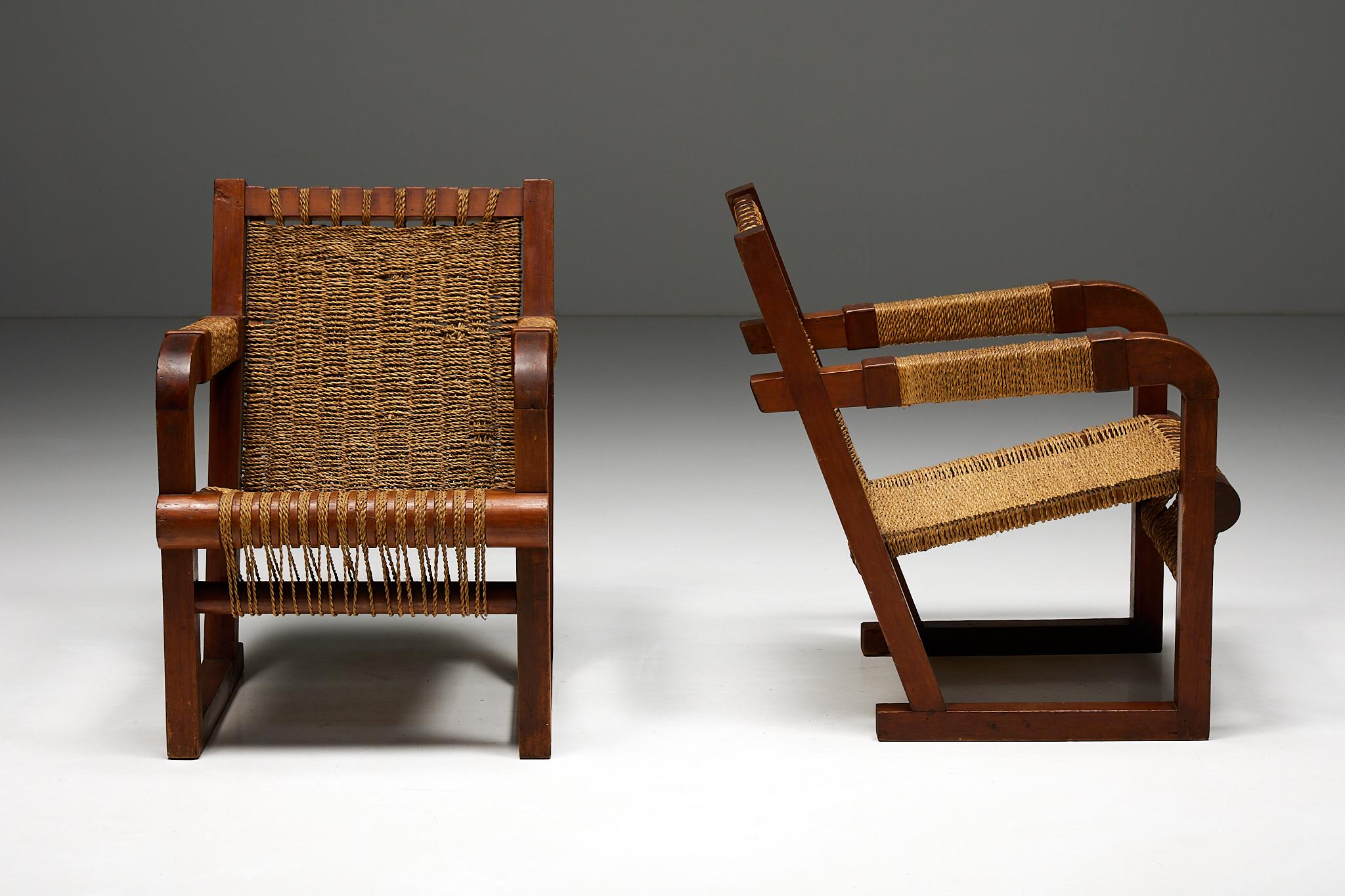 Francis Jourdain; 1930s; Early 20th century; Les Ateliers Modernes; Wabi Sabi; Rustic; Cord; Simple Design; Le Corbusier; Paris; Armchair; Easy Chair; Monoxylite; 

Easy chair in pitch pine and rope, crafted in the 1930s. Meticulously handcrafted