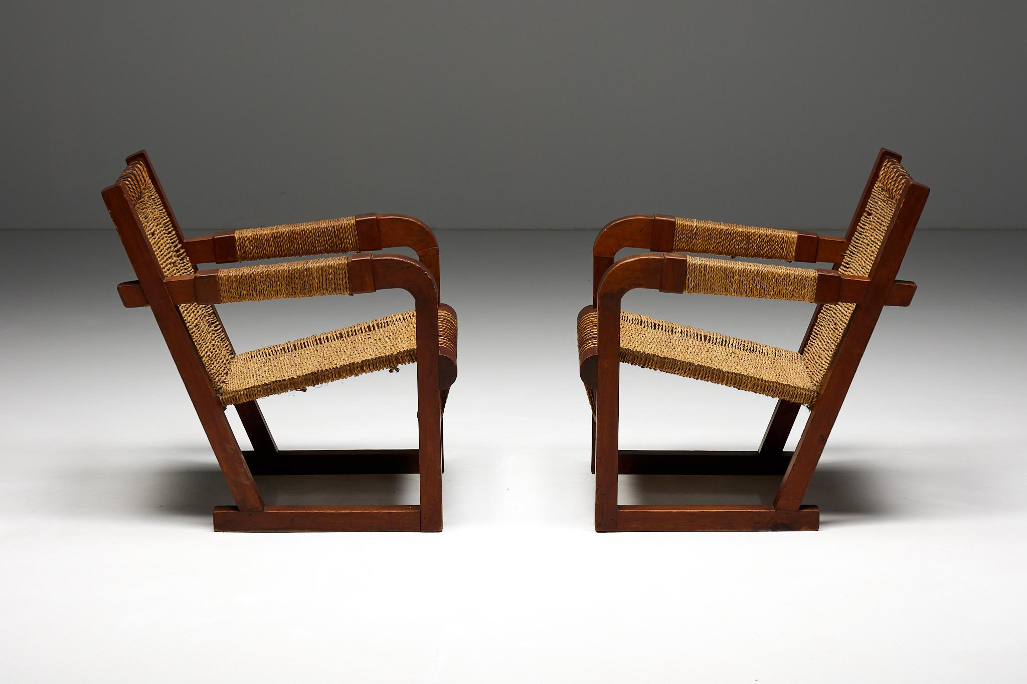 Rustic Easy Chair in Rope and Pitch Pine, France, 1930s