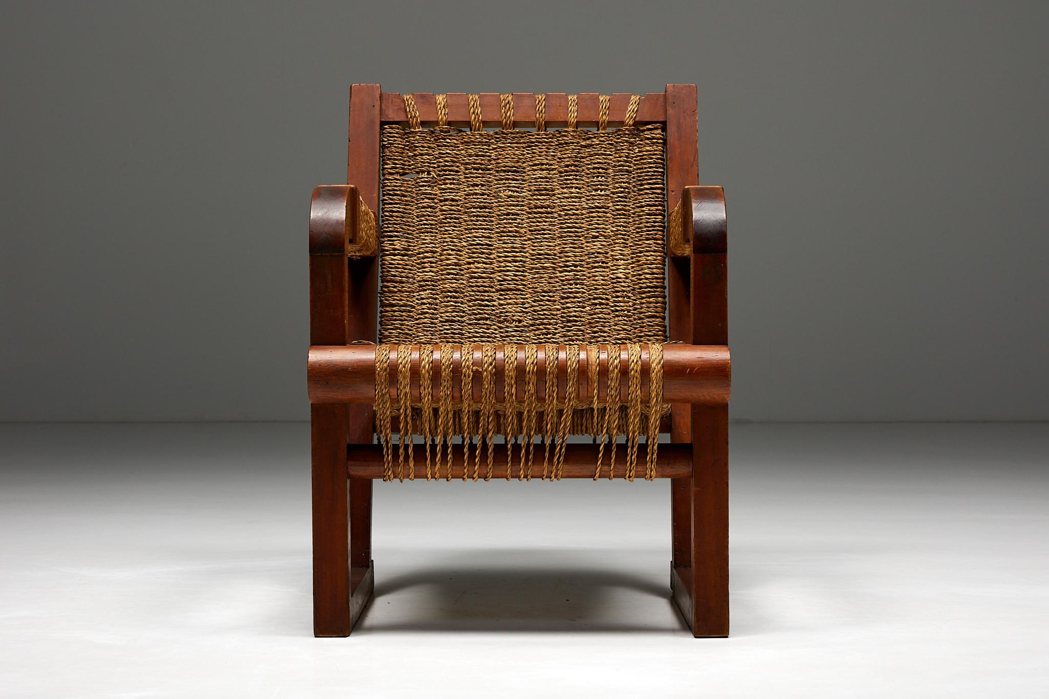 French Easy Chair in Rope and Pitch Pine, France, 1930s