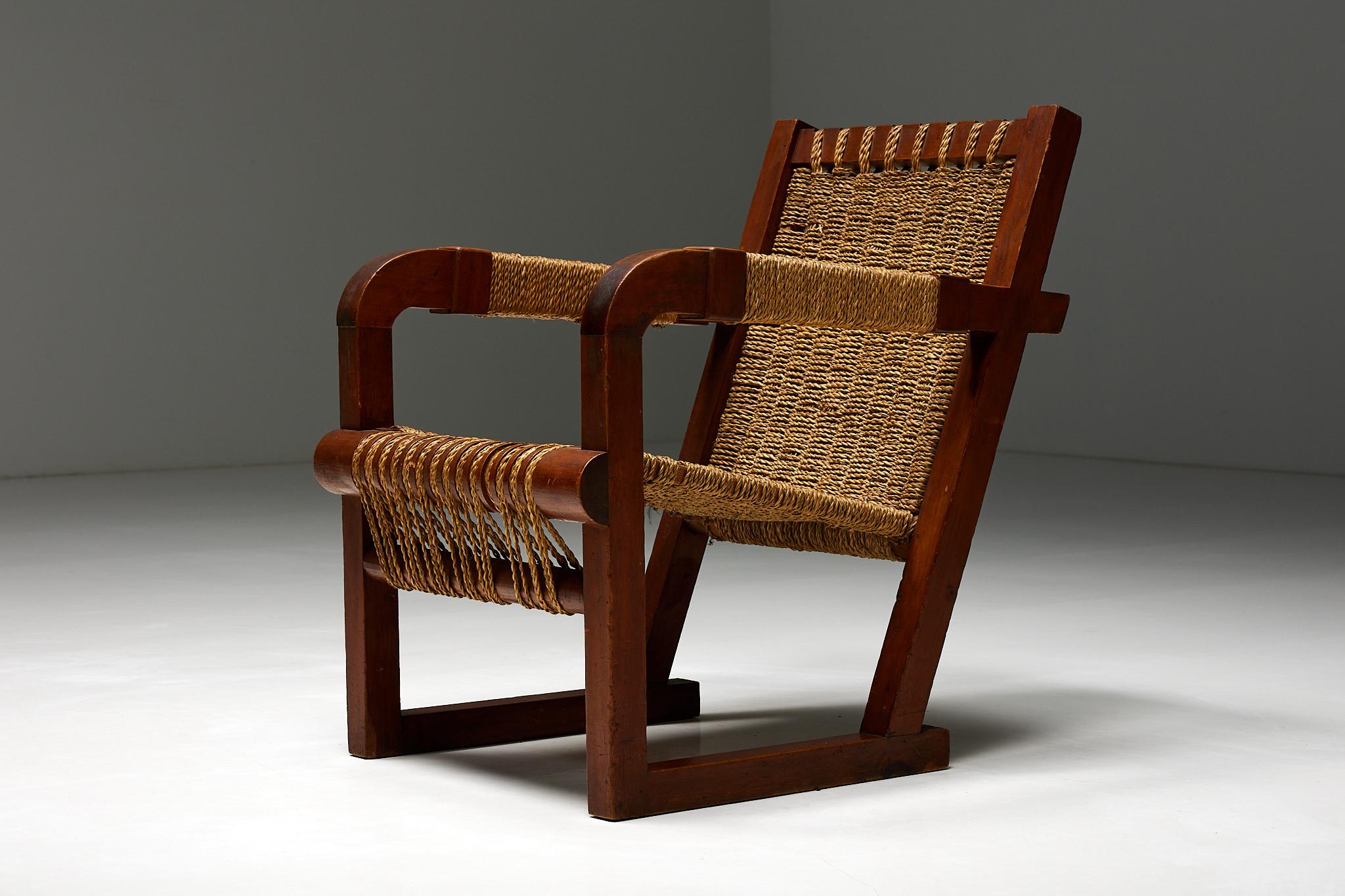 Hand-Woven Easy Chair in Rope and Pitch Pine, France, 1930s