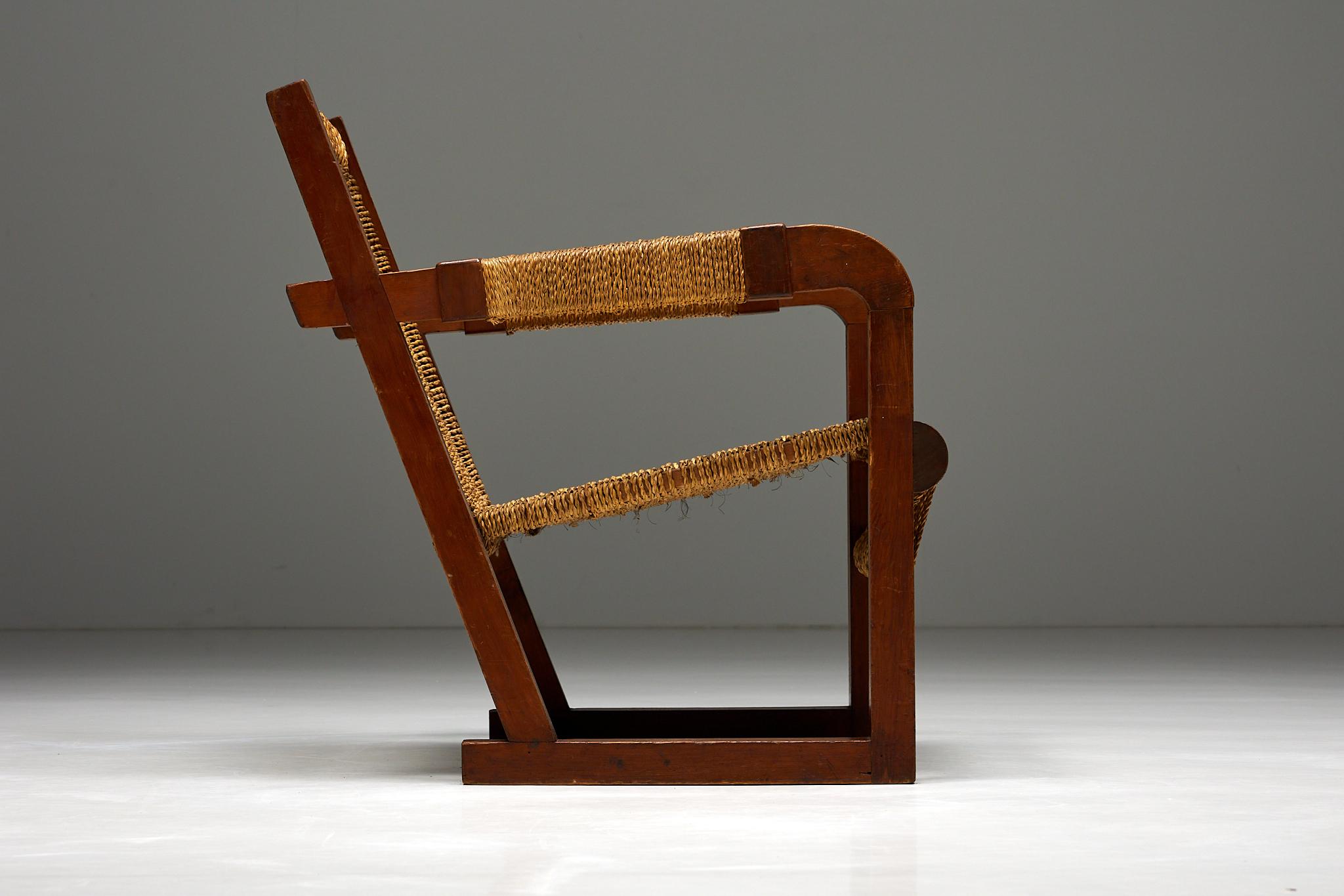 Mid-20th Century Easy Chair in Rope and Pitch Pine, France, 1930s