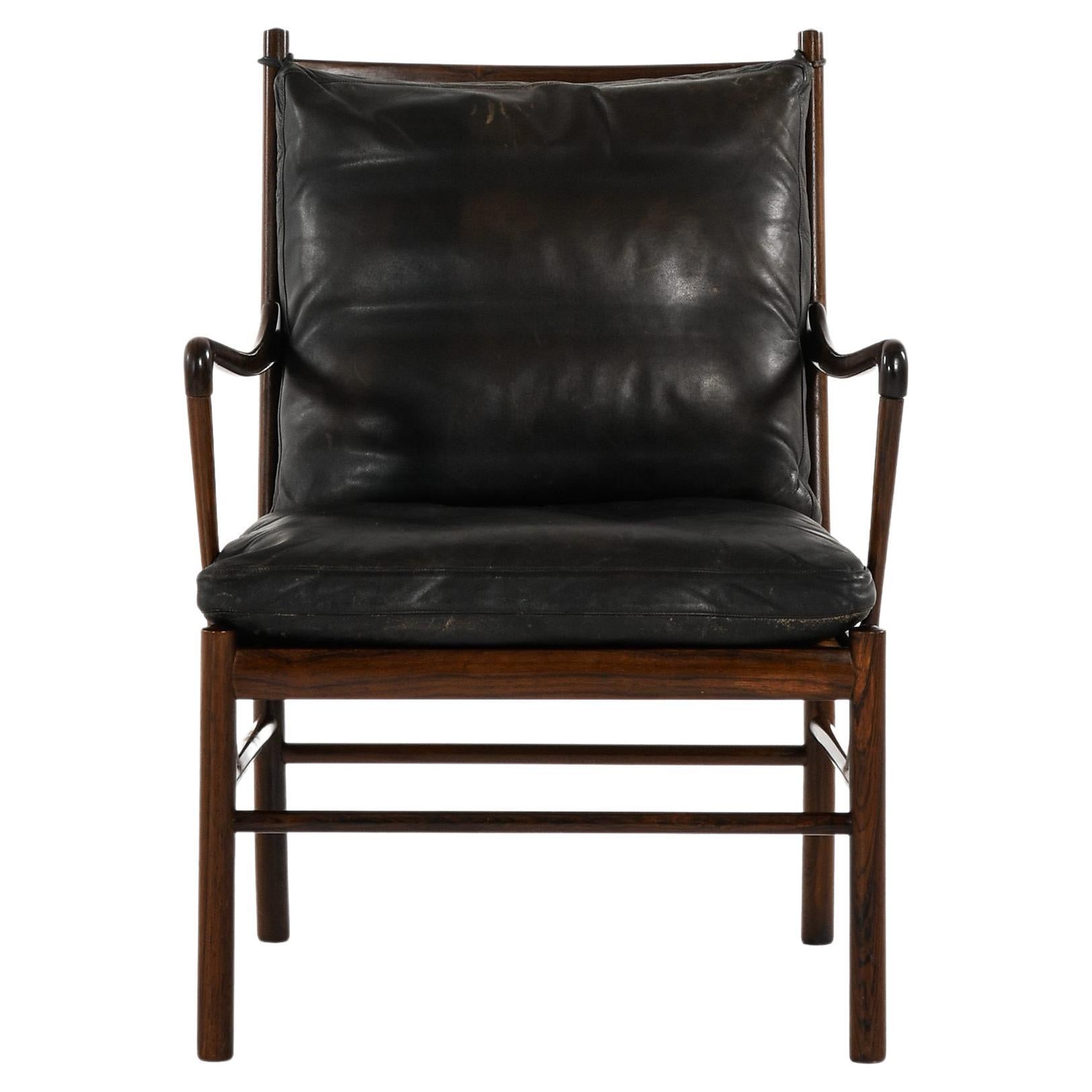 Easy Chair in Rosewood, Woven Cane and Original Leather by Ole Wanscher, 1960's