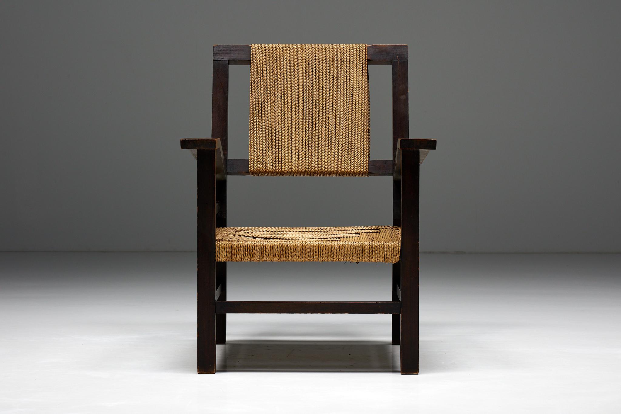 Francis Jourdain; 1930s; Early 20th Century; Les Ateliers Modernes; Wabi Sabi; Rustic; Cord; Simple Design; Le Corbusier; Paris; Armchair; Easy Chair; Monoxylite;

Easy chair in solid wood and rope, crafted in the 1930s. Meticulously handcrafted