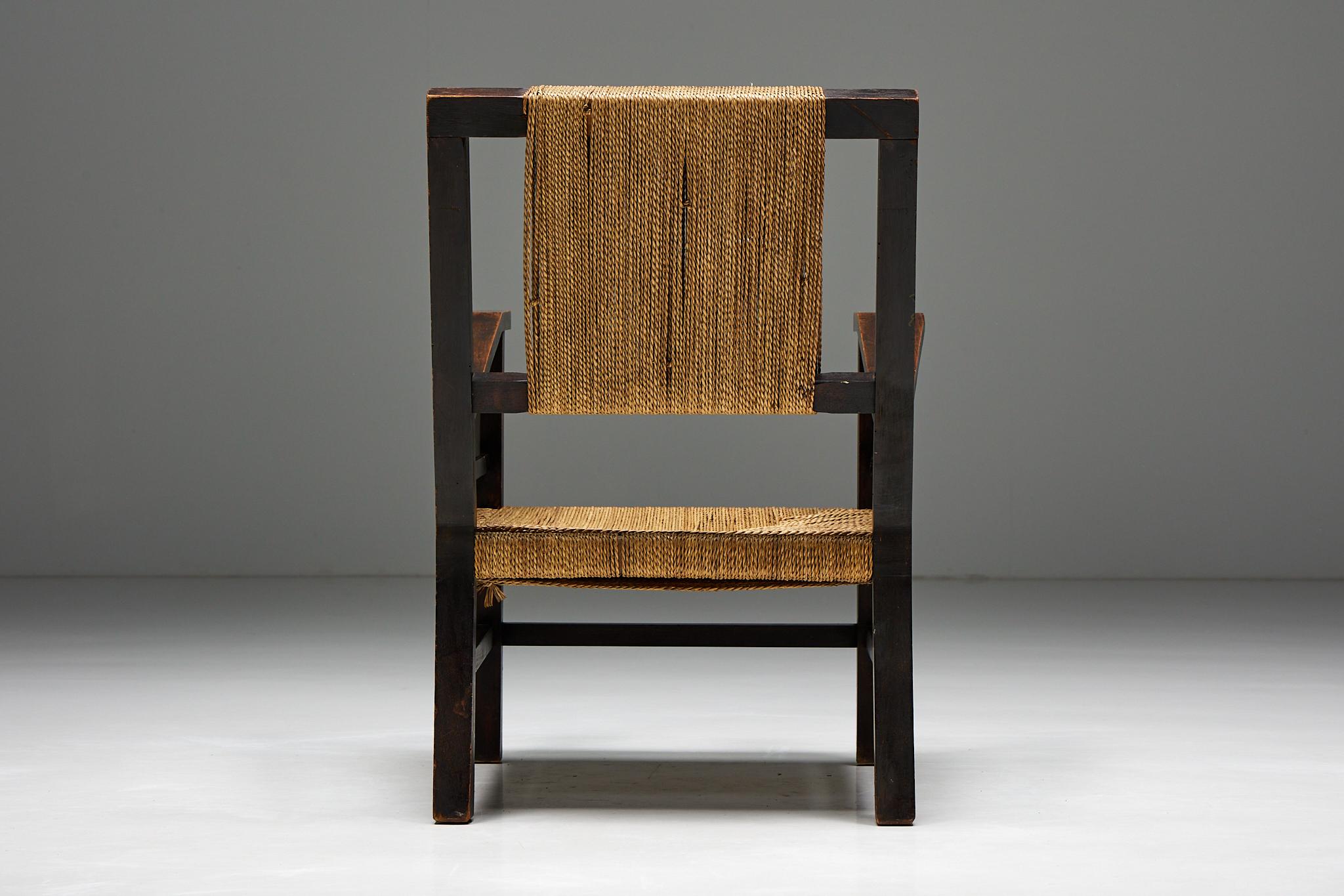 Rustic Easy Chair in Solid Wood and Rope, France, 1930s For Sale