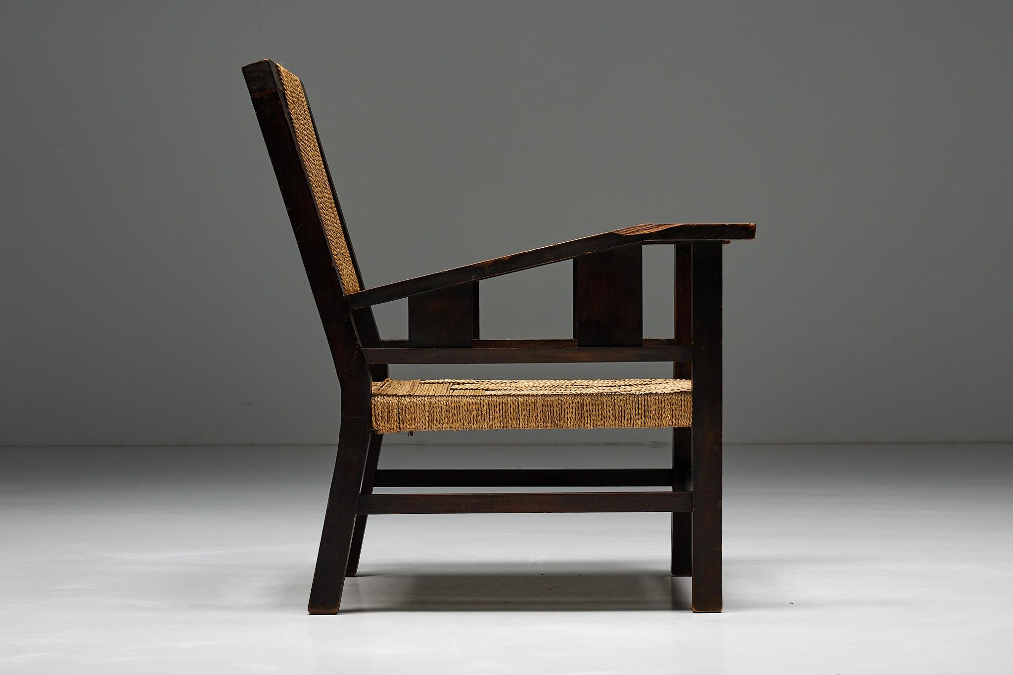 French Easy Chair in Solid Wood and Rope, France, 1930s For Sale